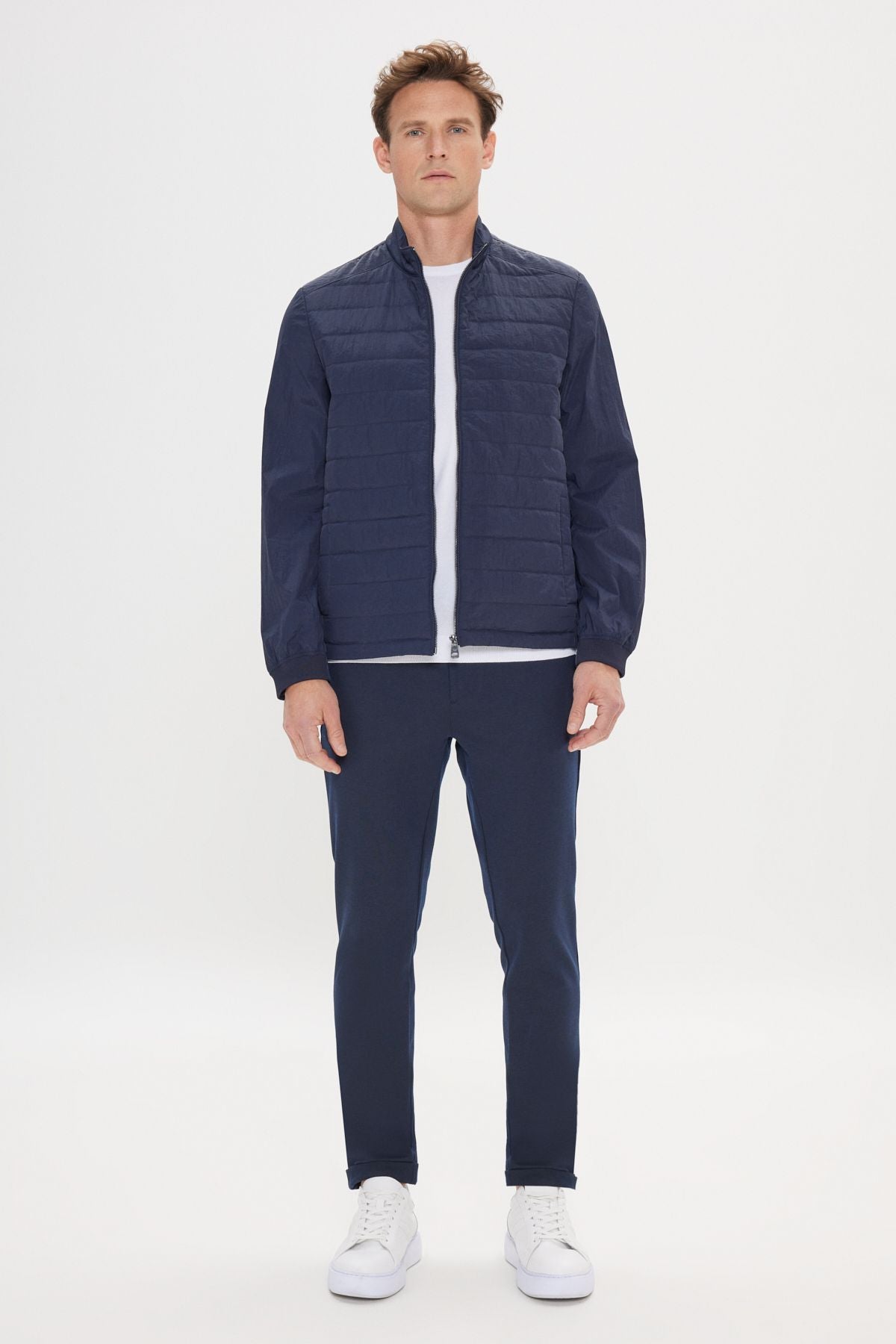 Men's navy blue windproof standard fit normal cut hidden hooded side pocket fine coat