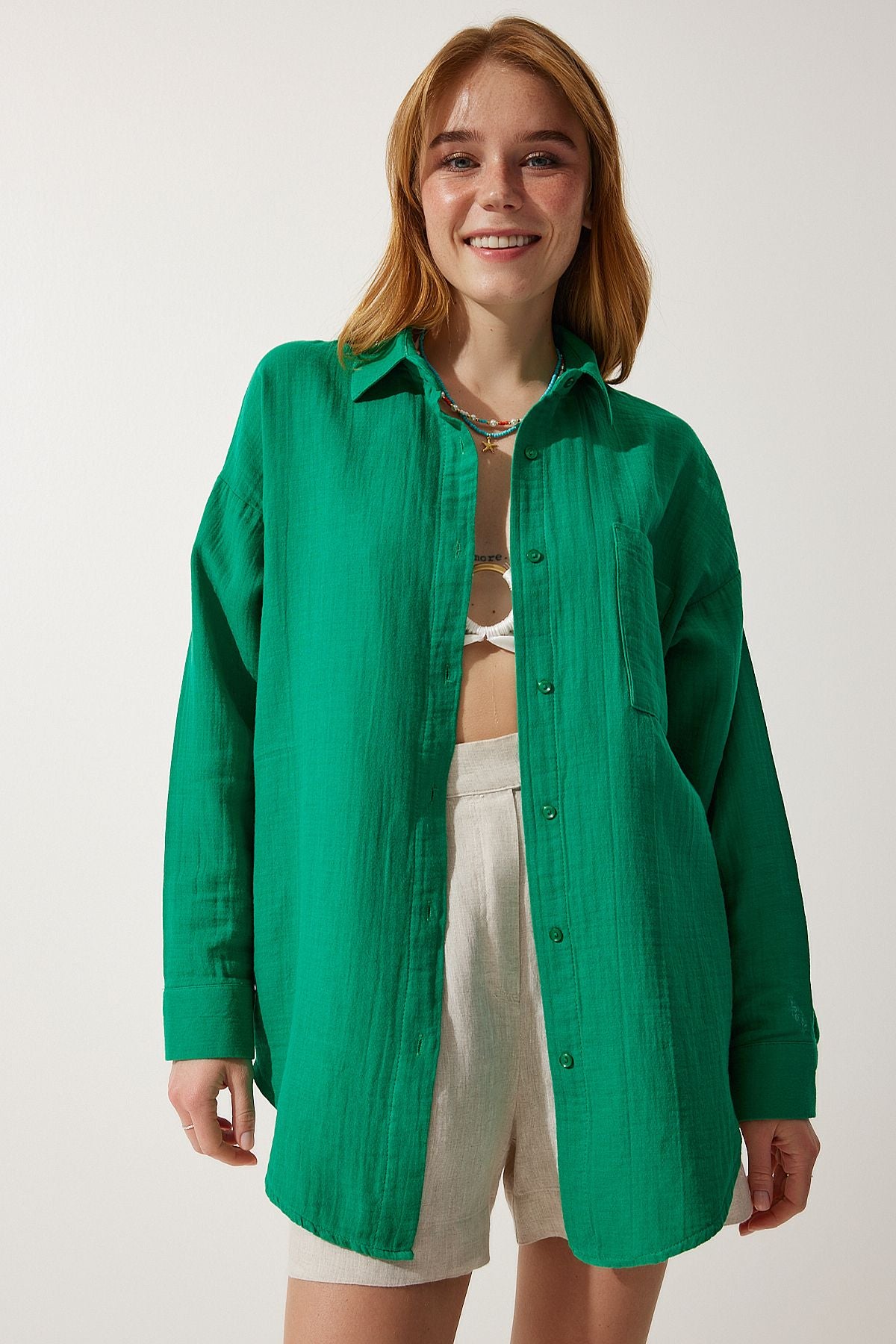 Female Green Pocket Oversize Müslin Shirt MX00150