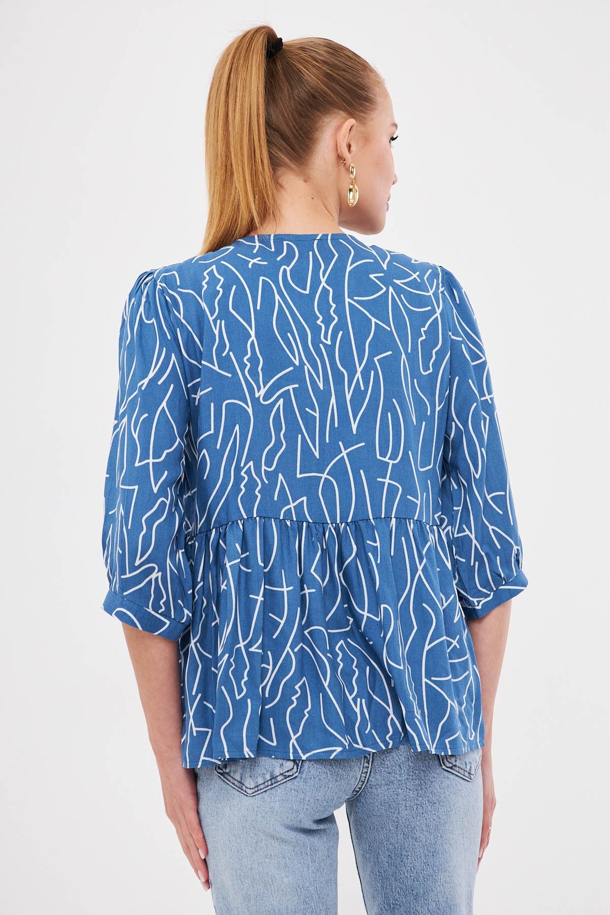 Female indigo collar binding detailed Roban Firk quarter Arm Blouse ARM-25K001044