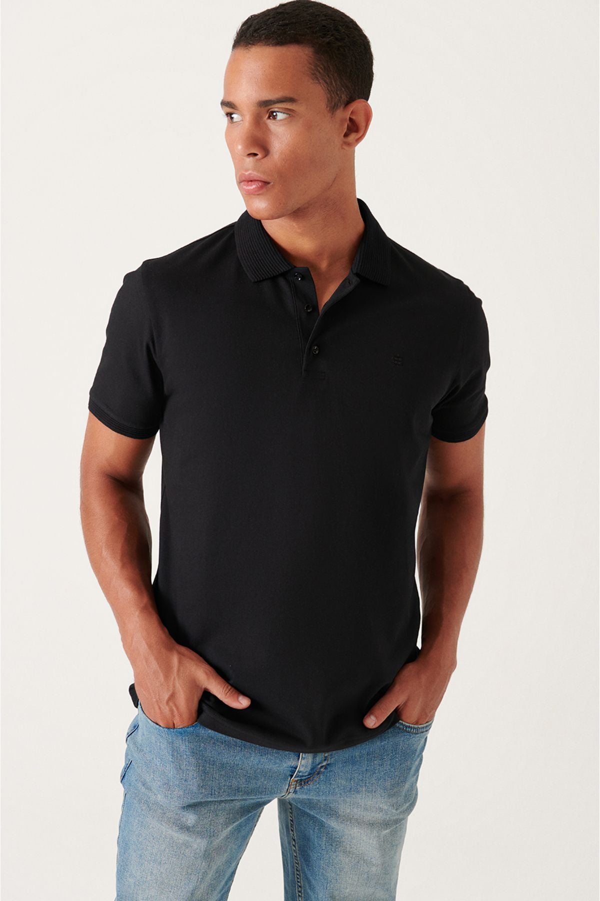 Men's Black 3 Button 100 %Corn Cotton Polo Yaka T-shirt B001027