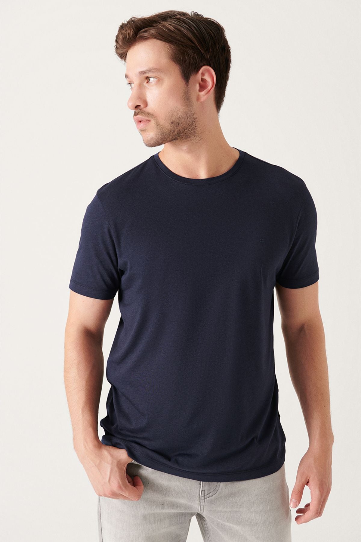 Men's navy blue ultrasoft bike collar cotton Basic T-shirt E001171