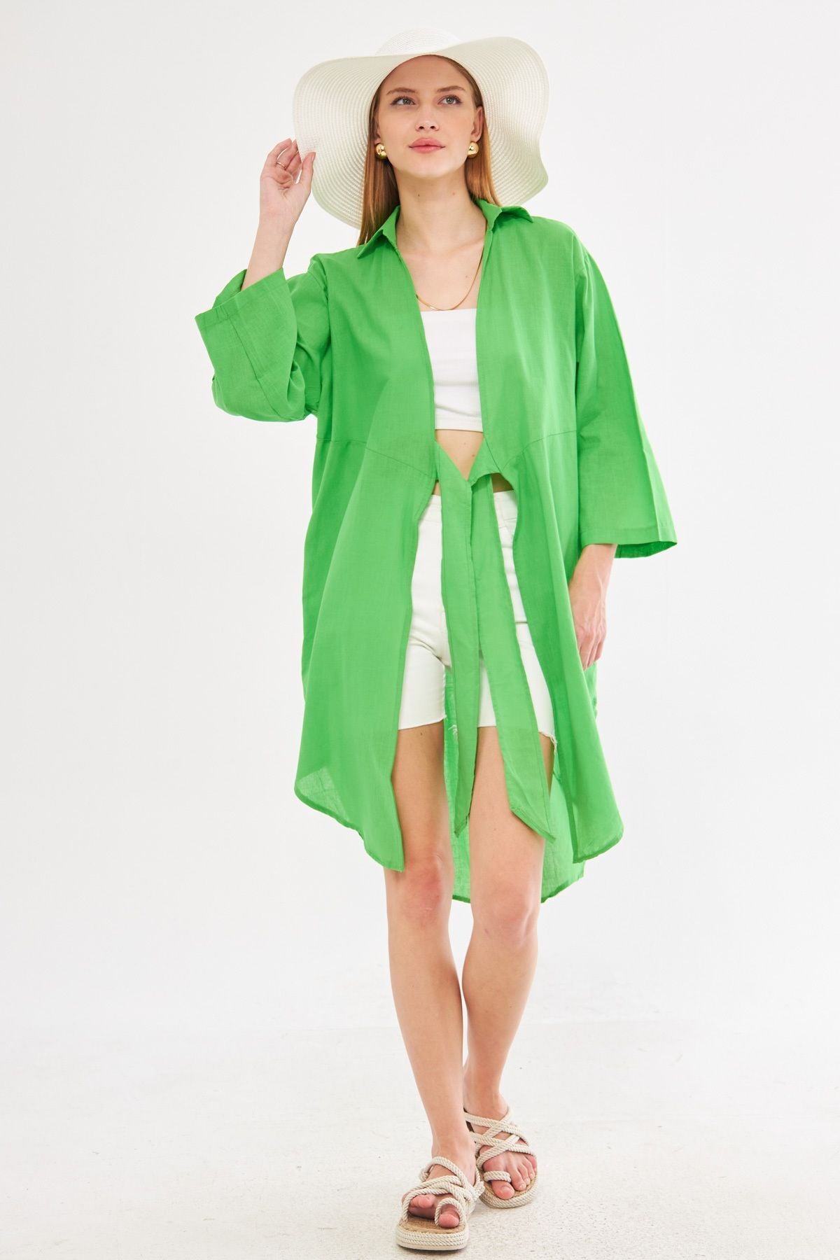 Female green front-binding thin linen fabric midi height kimono shirt ARM-24Y001081