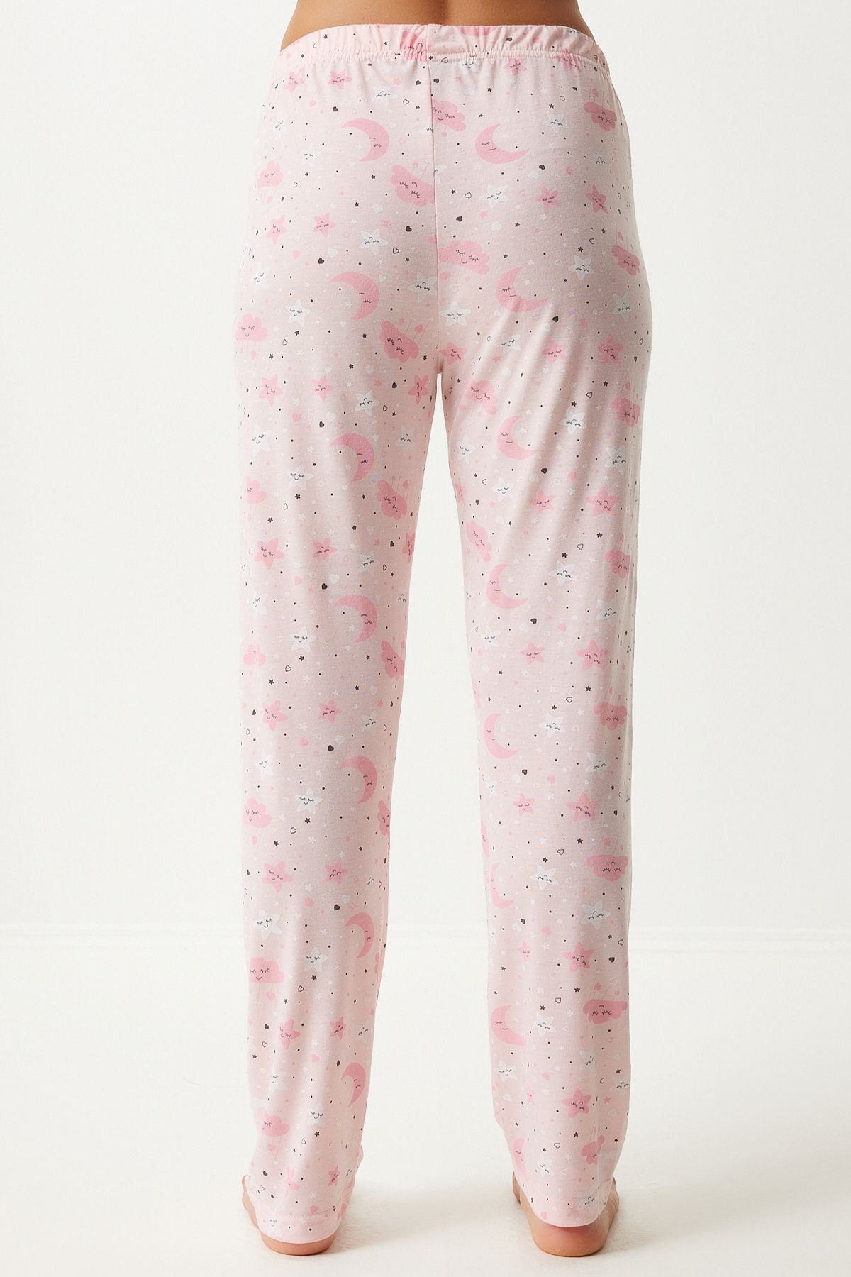 Woman Light Pink Patterned Shirt Pants Pajama Set EC00043