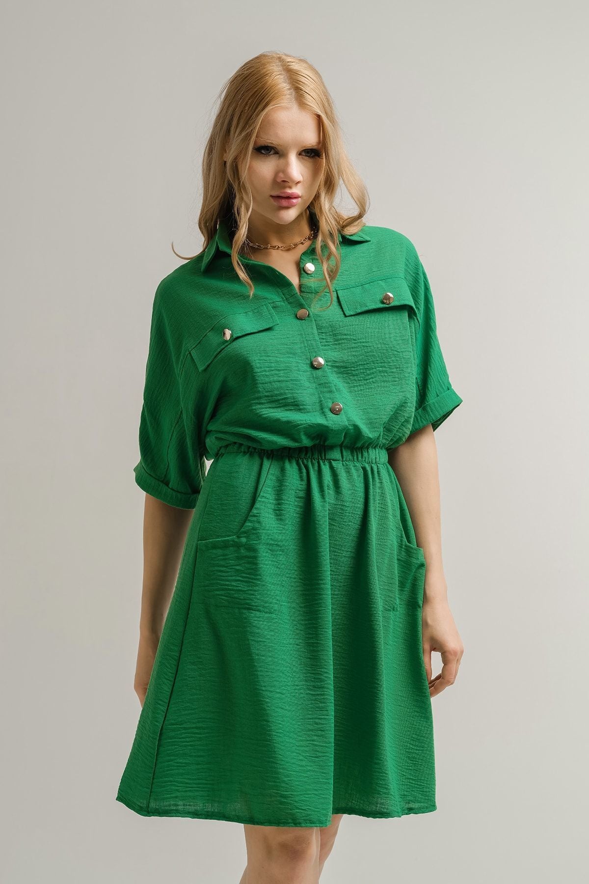 Female Green Bat Arm Pocket Waist Waist Dress ARM-23Y001076