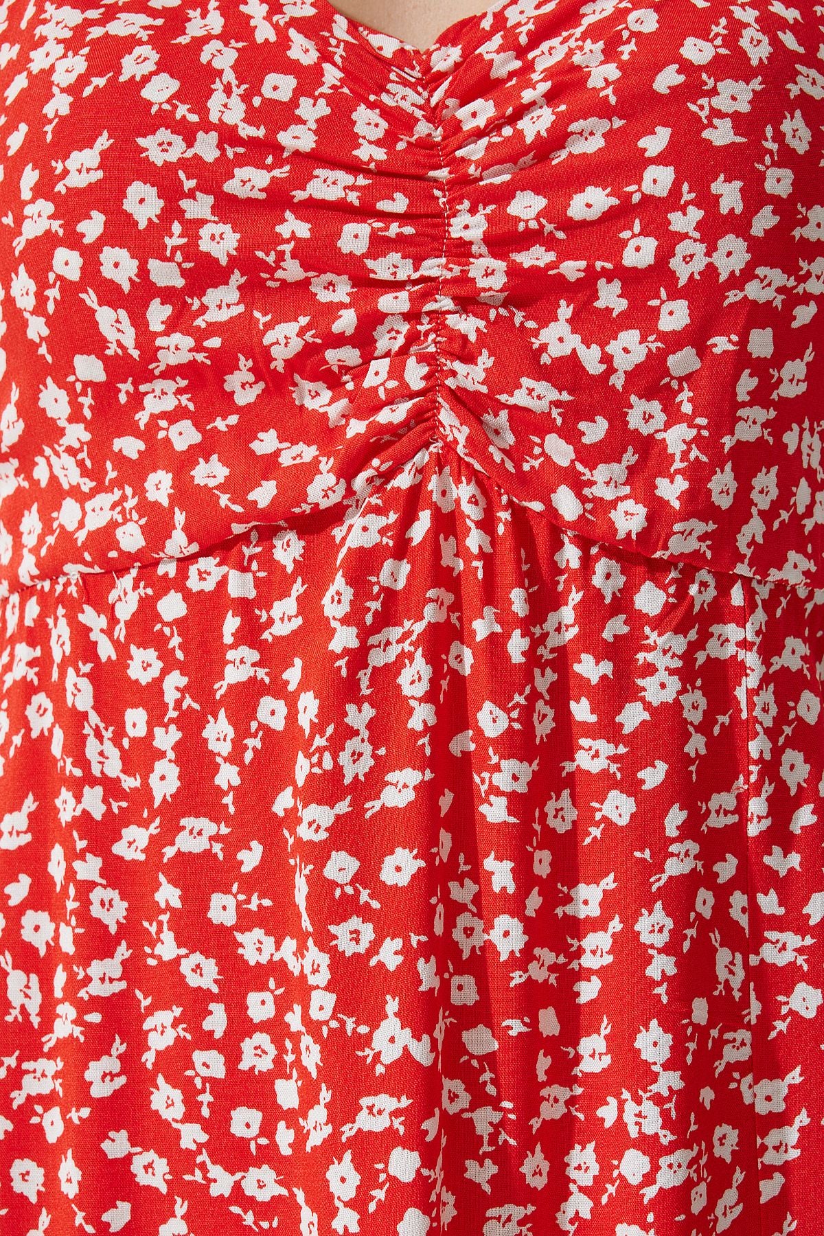 Female red strap patterned viscose dress ub00236