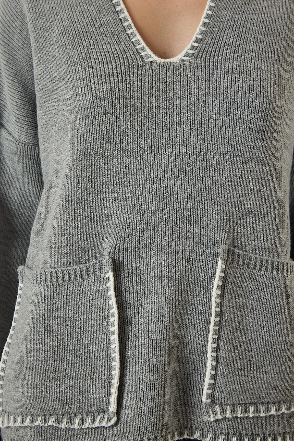 Women's gray sewing detailed pocket knitwear sweater pf00047