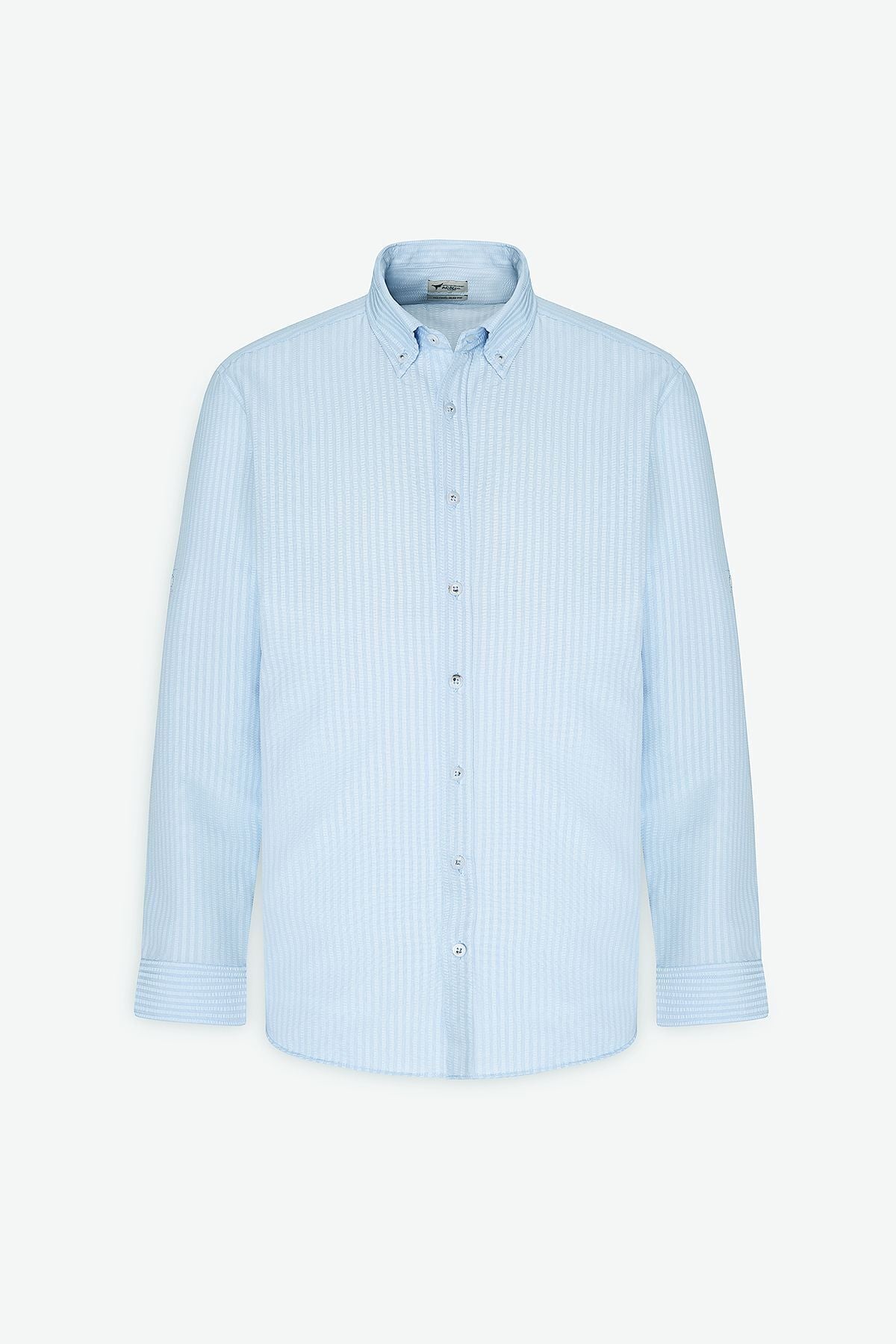 Men's light blue wrinkle technical oxford wafer patterned slim fit narrow cut buttoned collar flexible shirt
