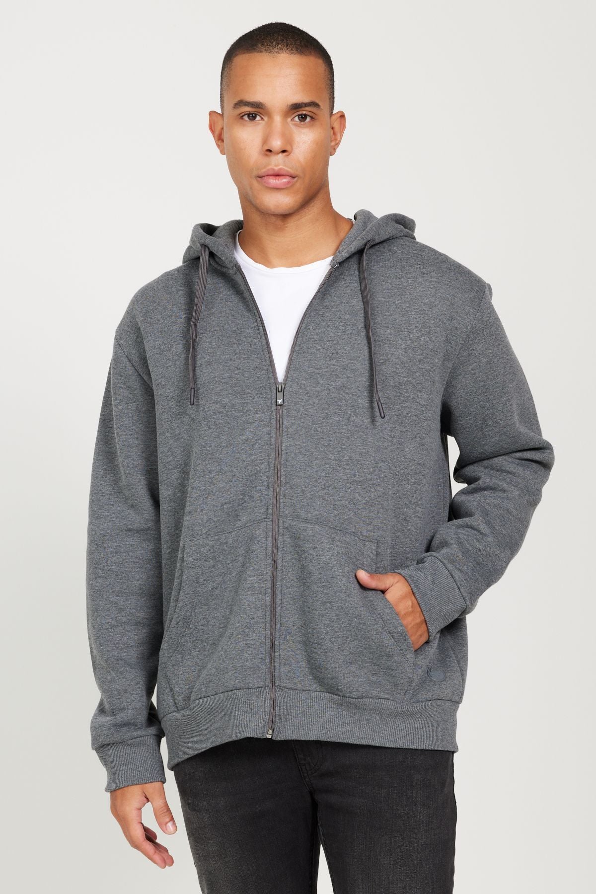 Men's anthracit-melanj standard fit normal cutting hooded zipper sweatshirt jacket