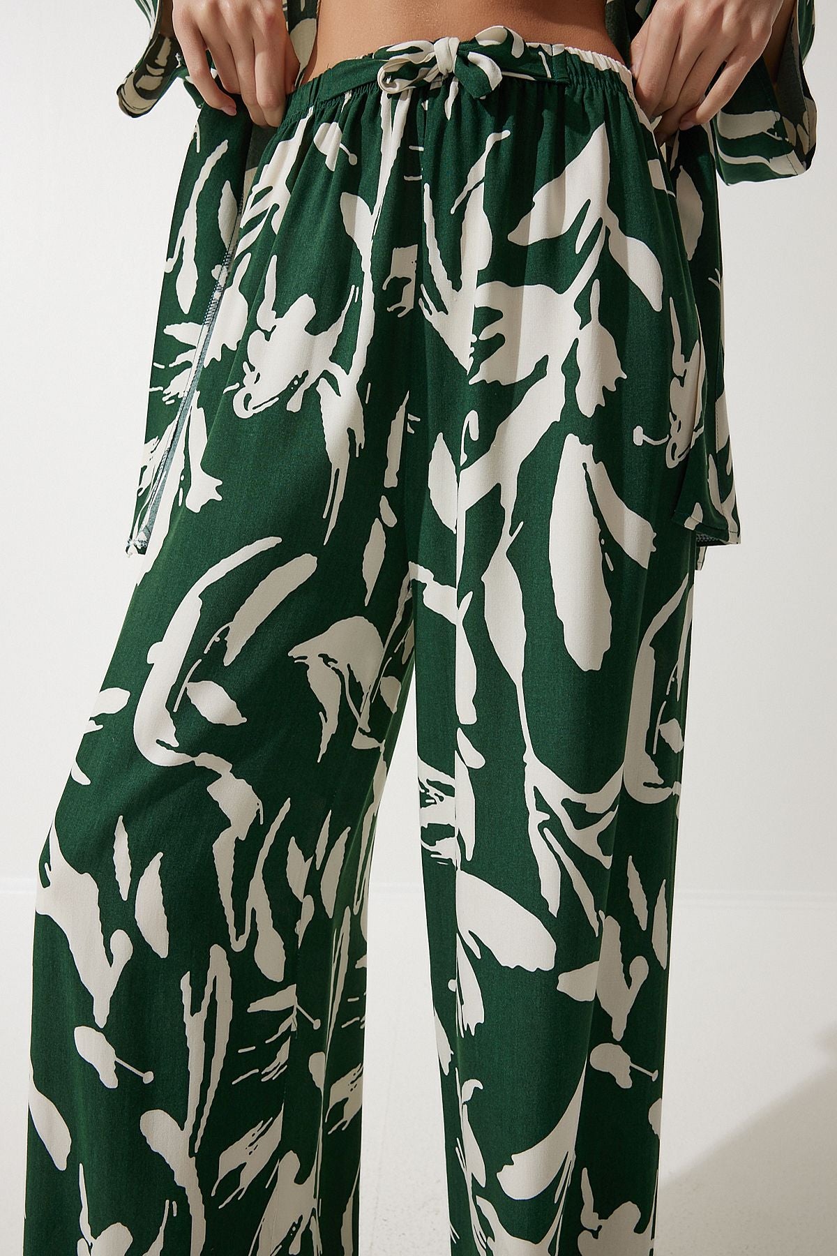 Women's Green Patterned Kimono Palazzo Pants Set EN00614