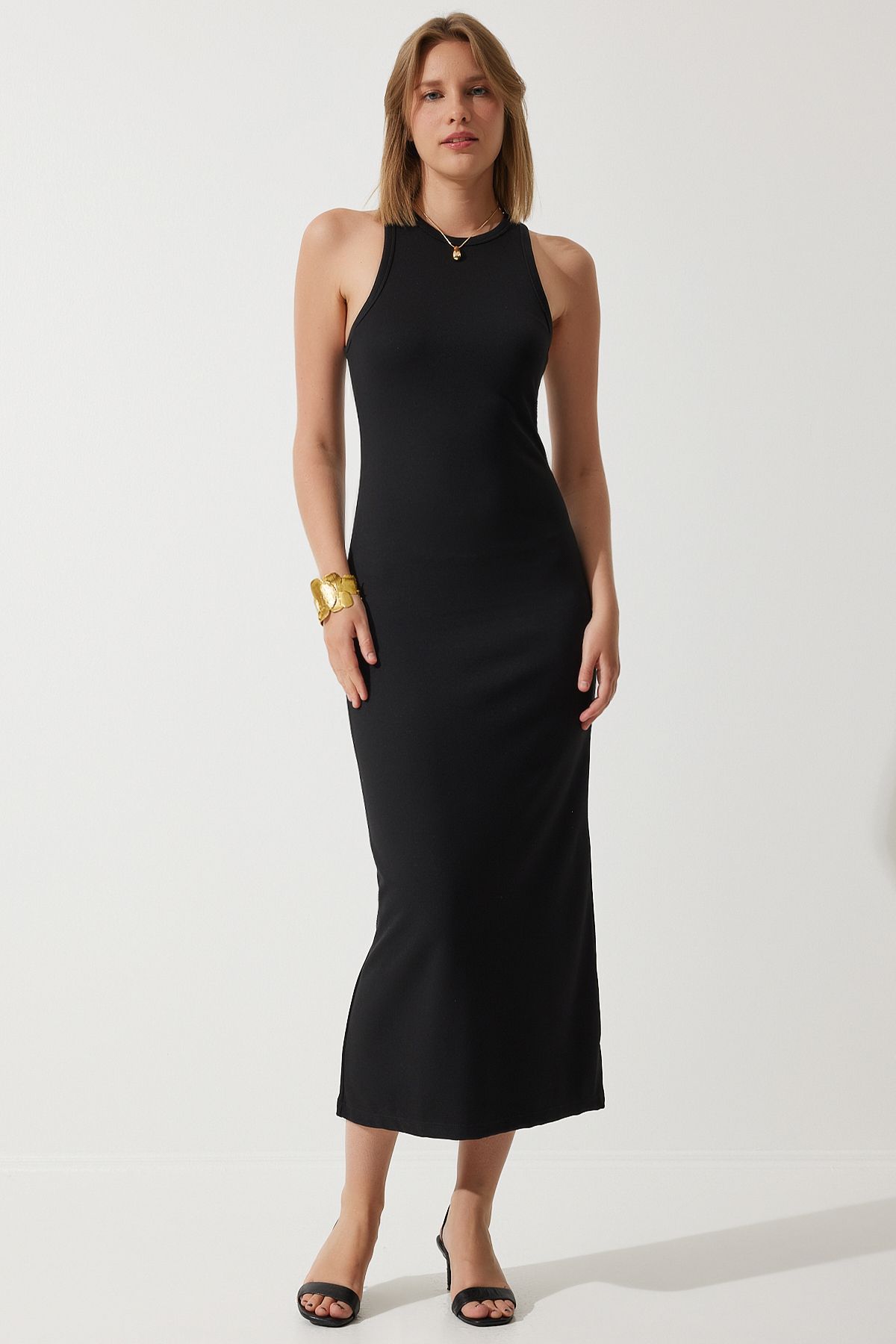 Women's black weightlifting collar cottage steel knitting long dress BP00159