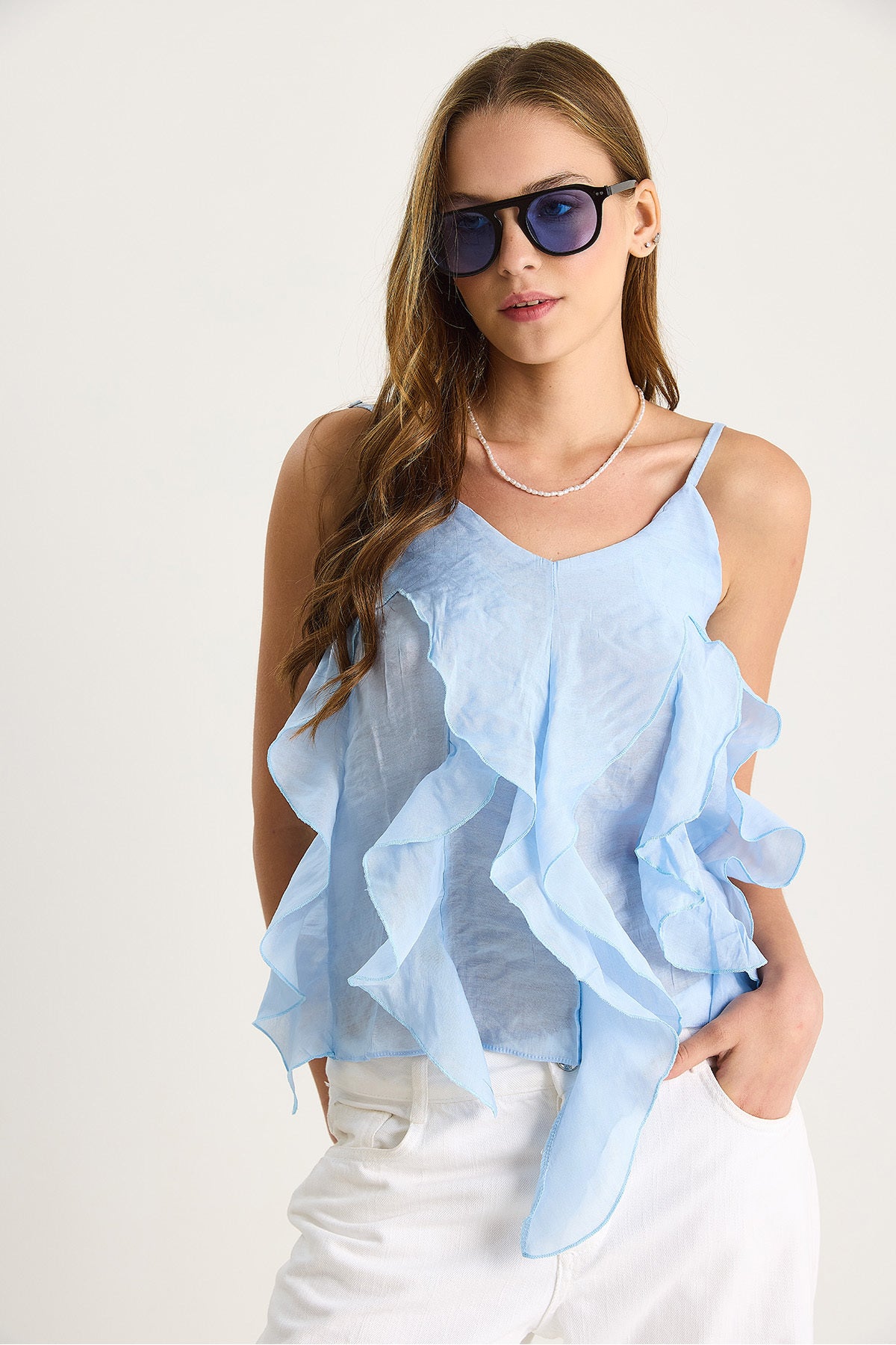 Women's V-Neck Frilly Flounce Strap Blouse Light Transparent Blouse 60283511