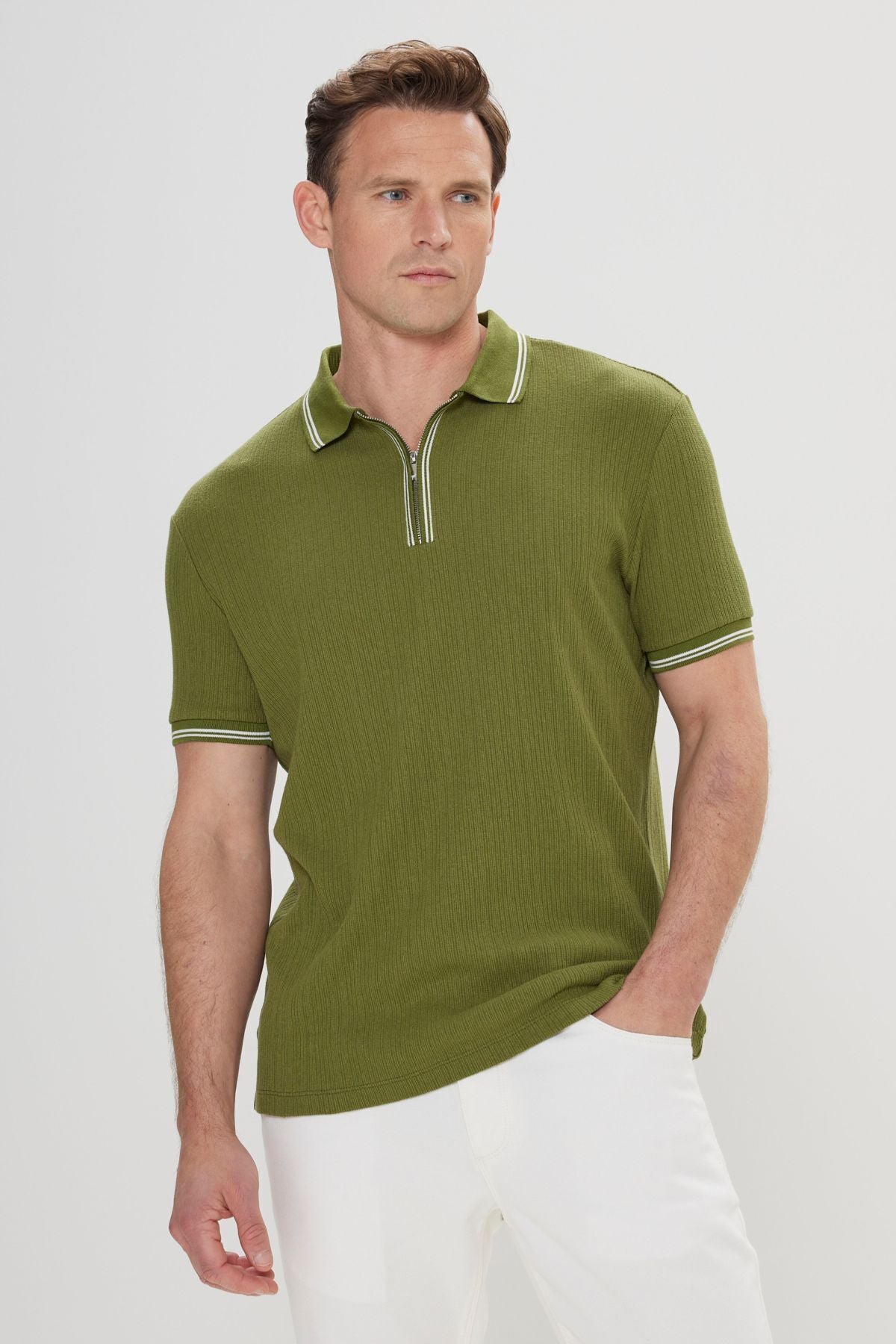 Men's Khaki-Ekru standard Fit Normal Cutter Cotton striped Polo Yaka T-shirt