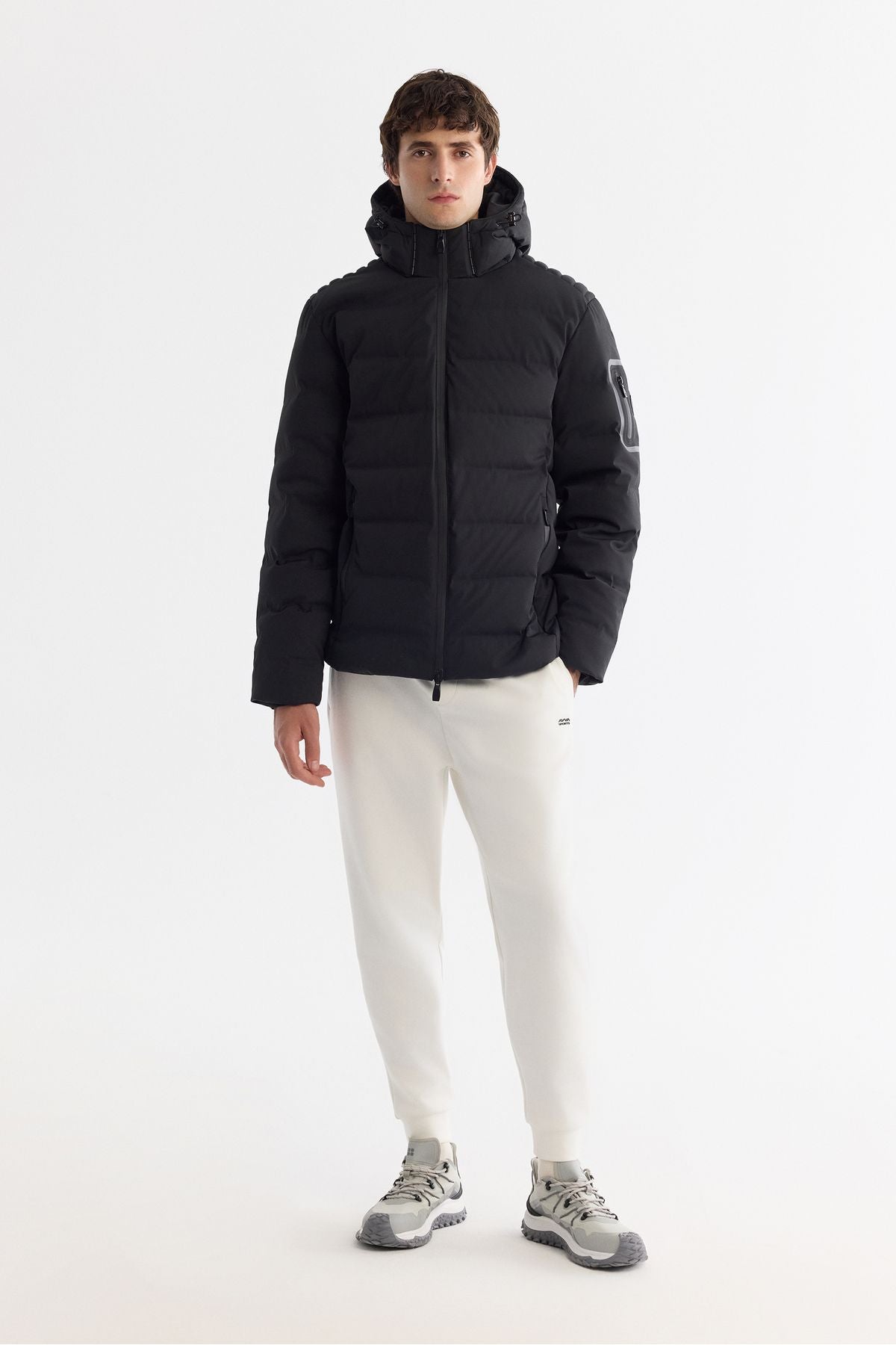 Men's black hooded goose feather water repulsion windproof thermometre swelling coat A42y6157