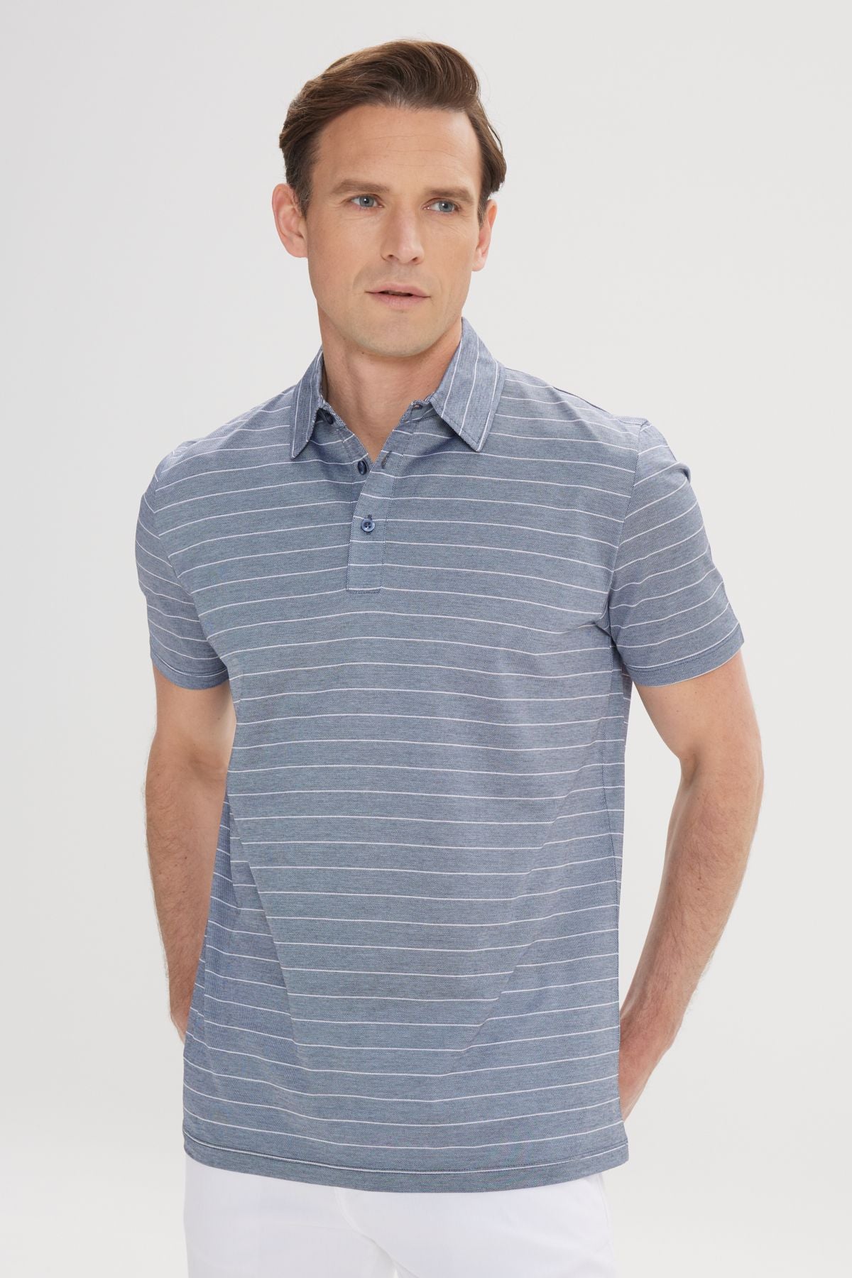 Men's Navy Blue-Ekru Regular Fit Casual Cut 100 %Cotton Striped Polo Yaka T-shirt