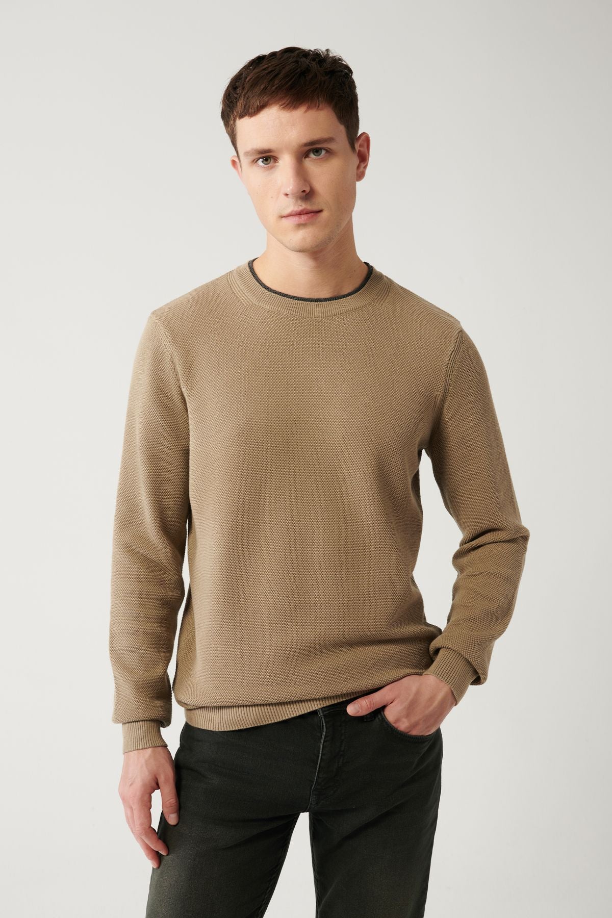 Men's Beige Double Collar textured knitwear sweater A32y5100