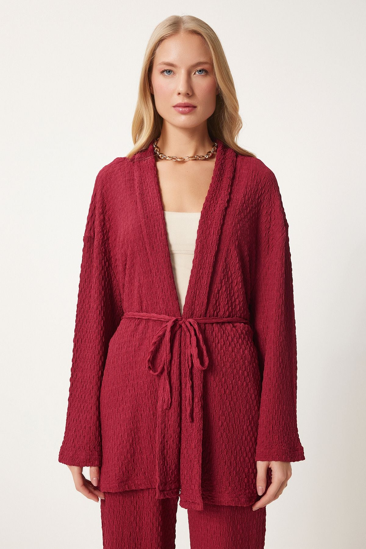 Female burgundy textured knitted kimono pants set RG00046