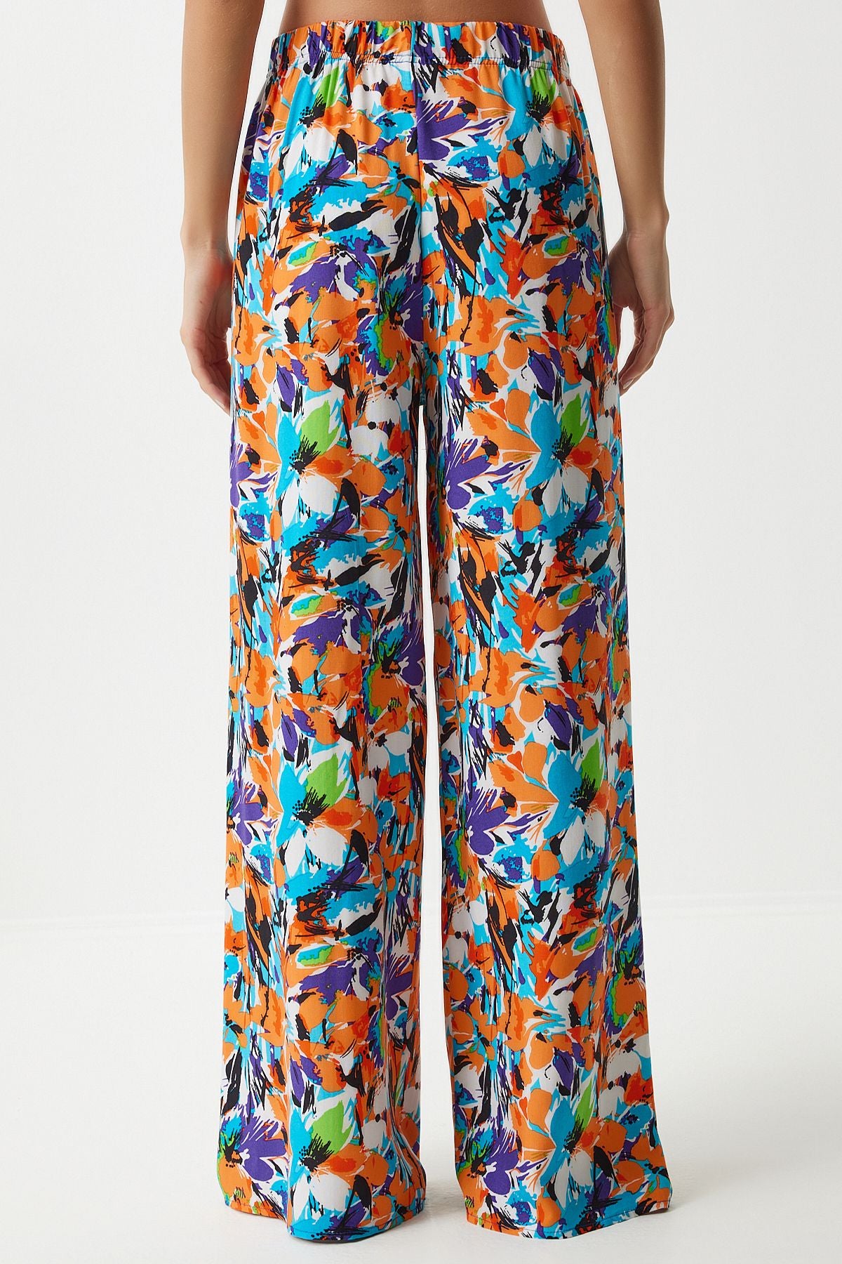 Woman Sky Blue Orange Patterned Viscose Palazzo Pants EN00606