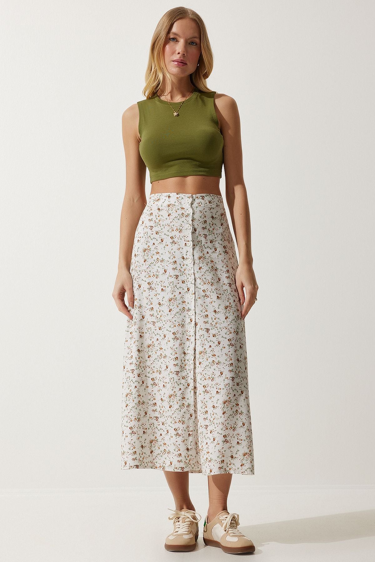 Female ecru patterned slit viscose skirt UB00246