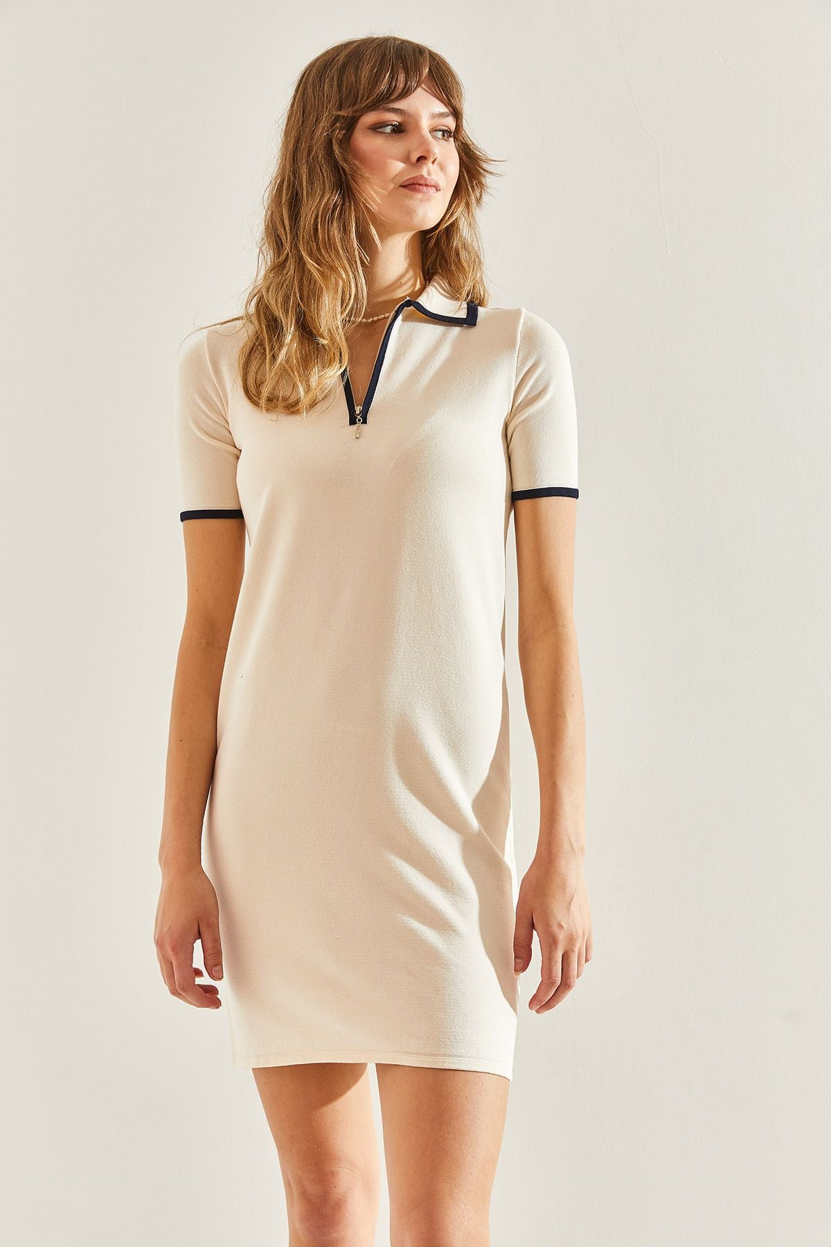 Women's Shirt collar zipper detailed short sleeve dress 20246100