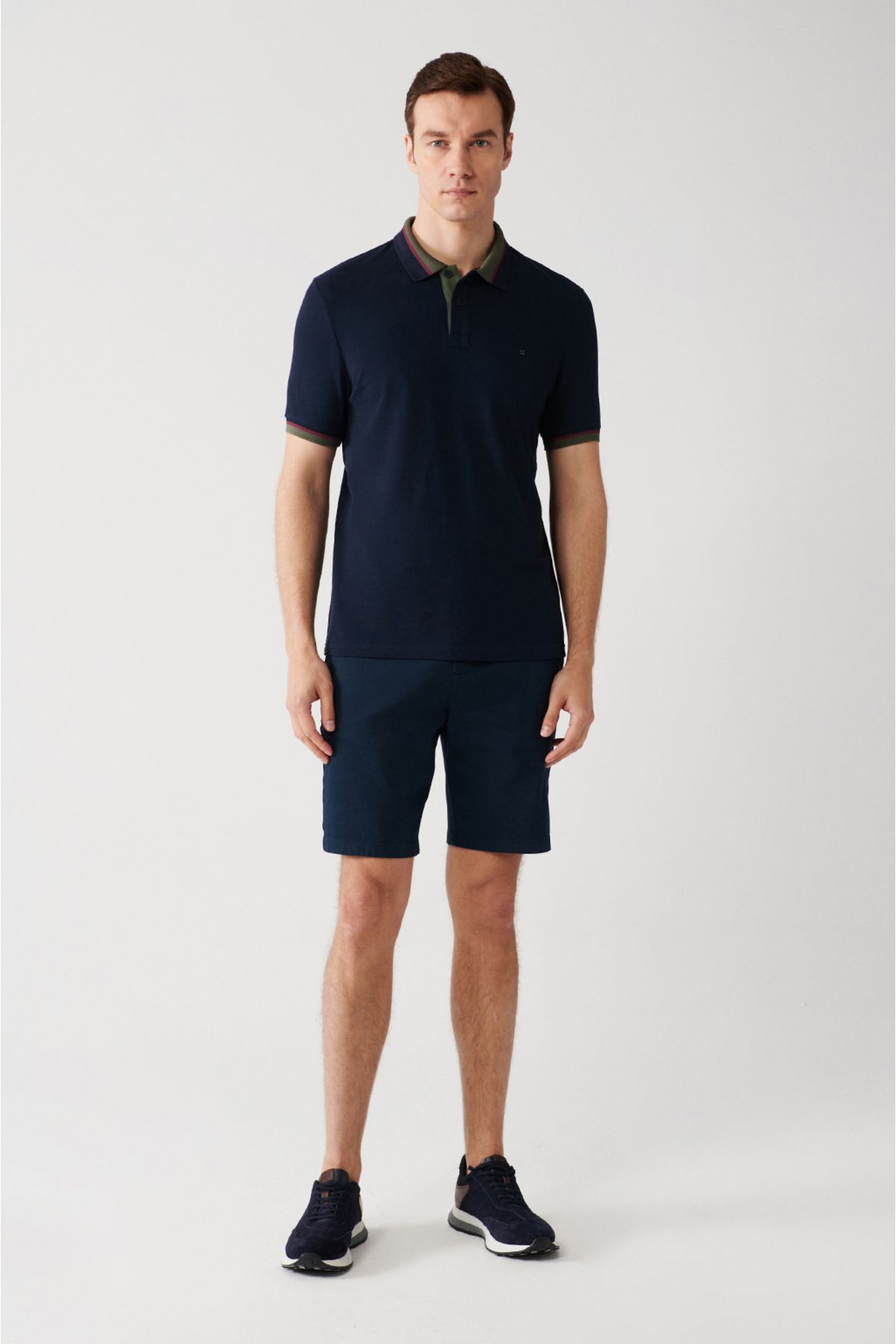 Men's Navy Blue striped 100 %cotton 2 button polo collar T-shirt E001036