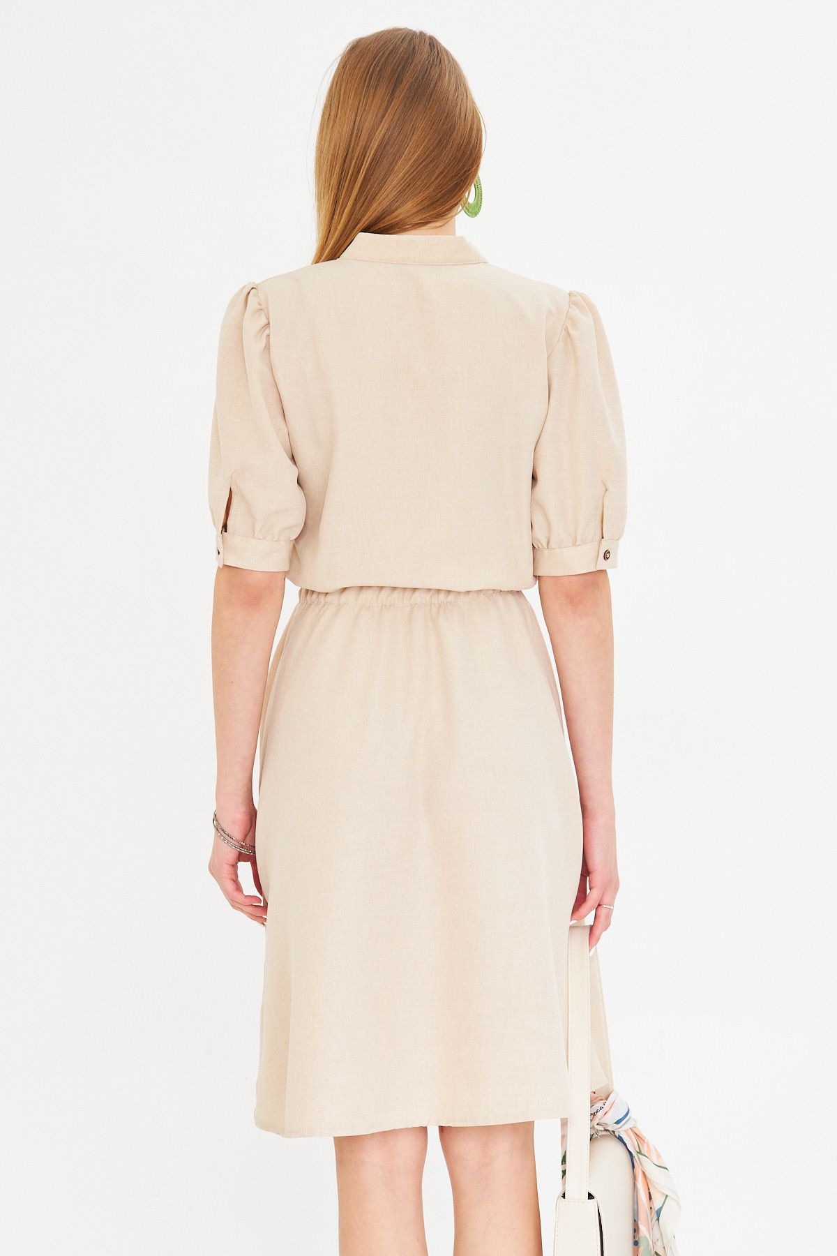 Female Beige V-Yaka Waist Waist Tire Short Sleeve Clash Dress ARM-25Y001001