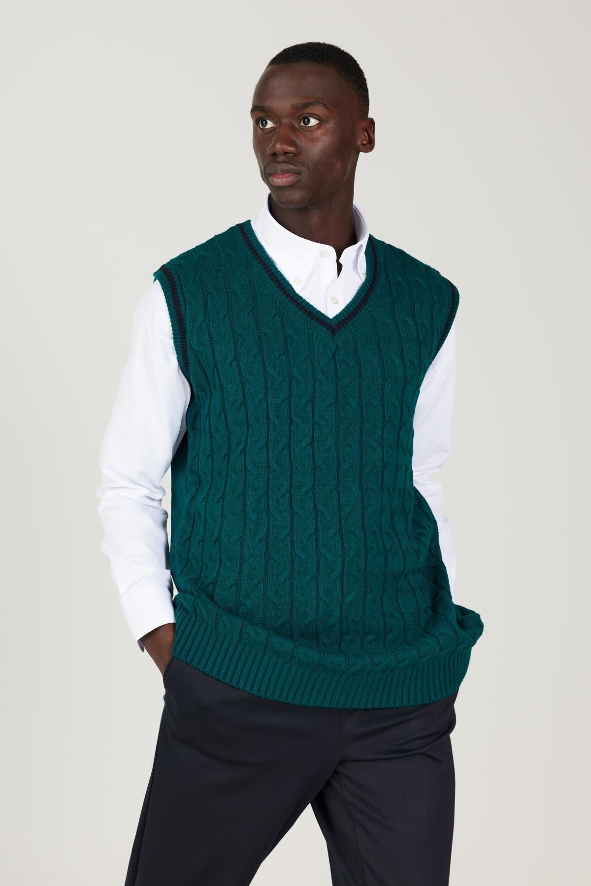 Men's Green Standard Fit Normal Cut V -Neck Knitwear Süveter