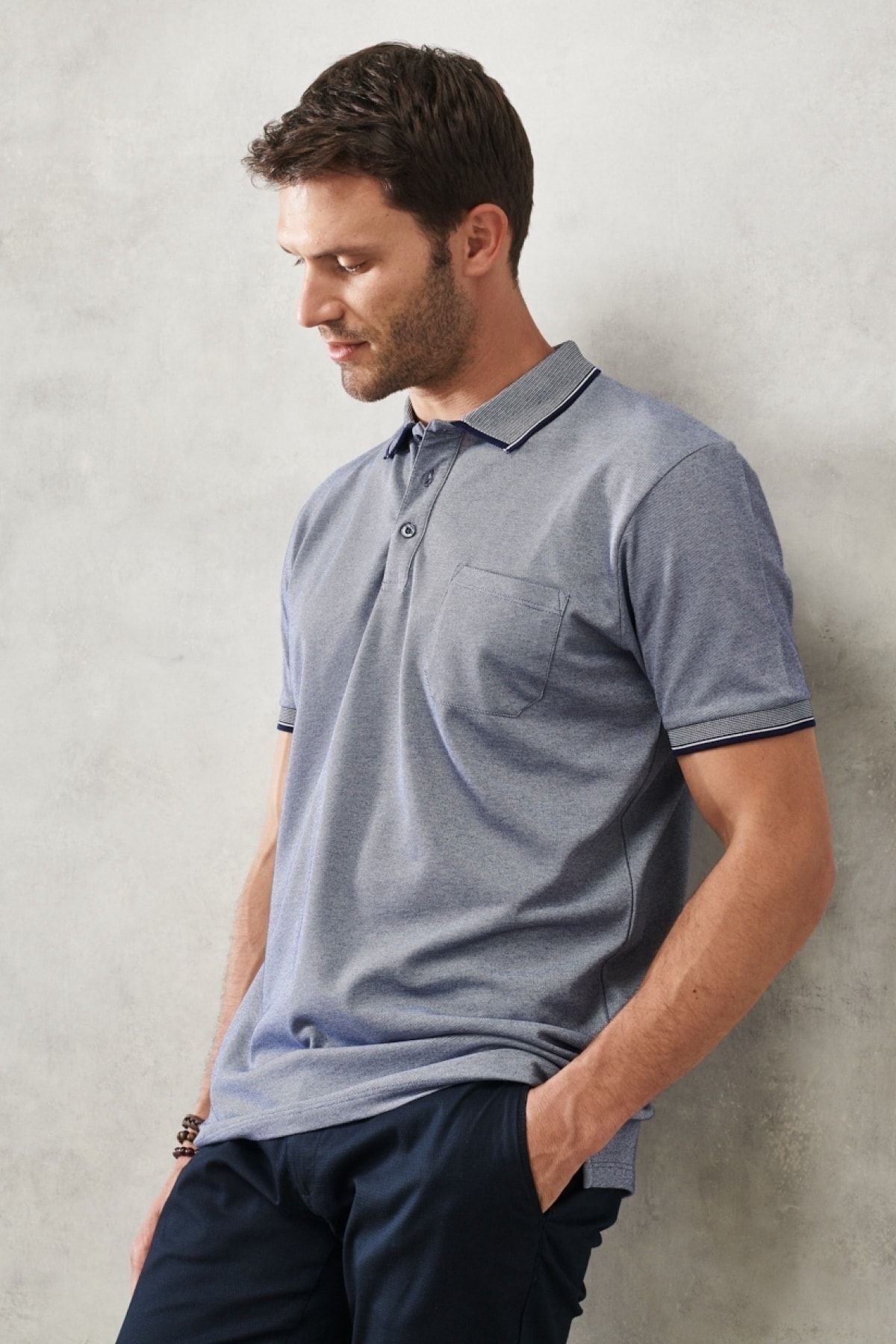 Men -Plugging Cotton Fabric Regular Fit Casual Cut Navy Blind Curlled Polo Yaka Pocket T -shirt