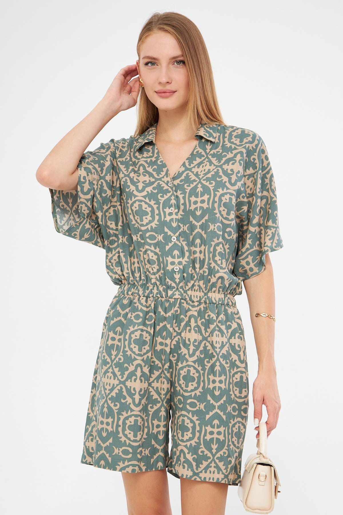 Women's Cagla Green Shirt Cep Patterned Short Tulum ARM-24Y001023