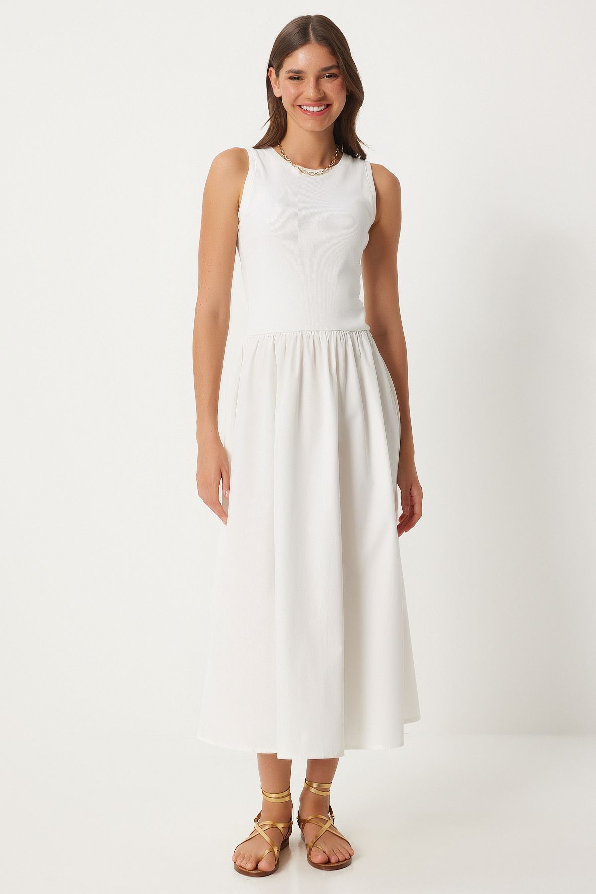 Woman White Sleeveless Weave Dress FN03257