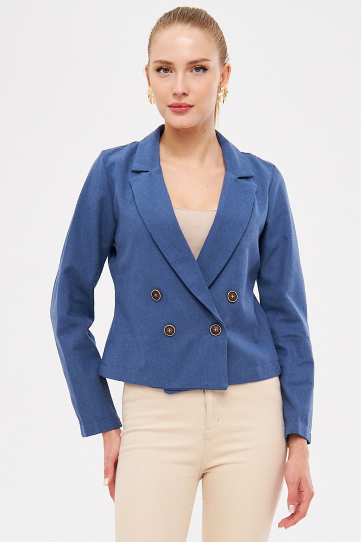 Woman Dark Blue Cruiser Collar Gabardin Crop Jacket ARM-24Y001010