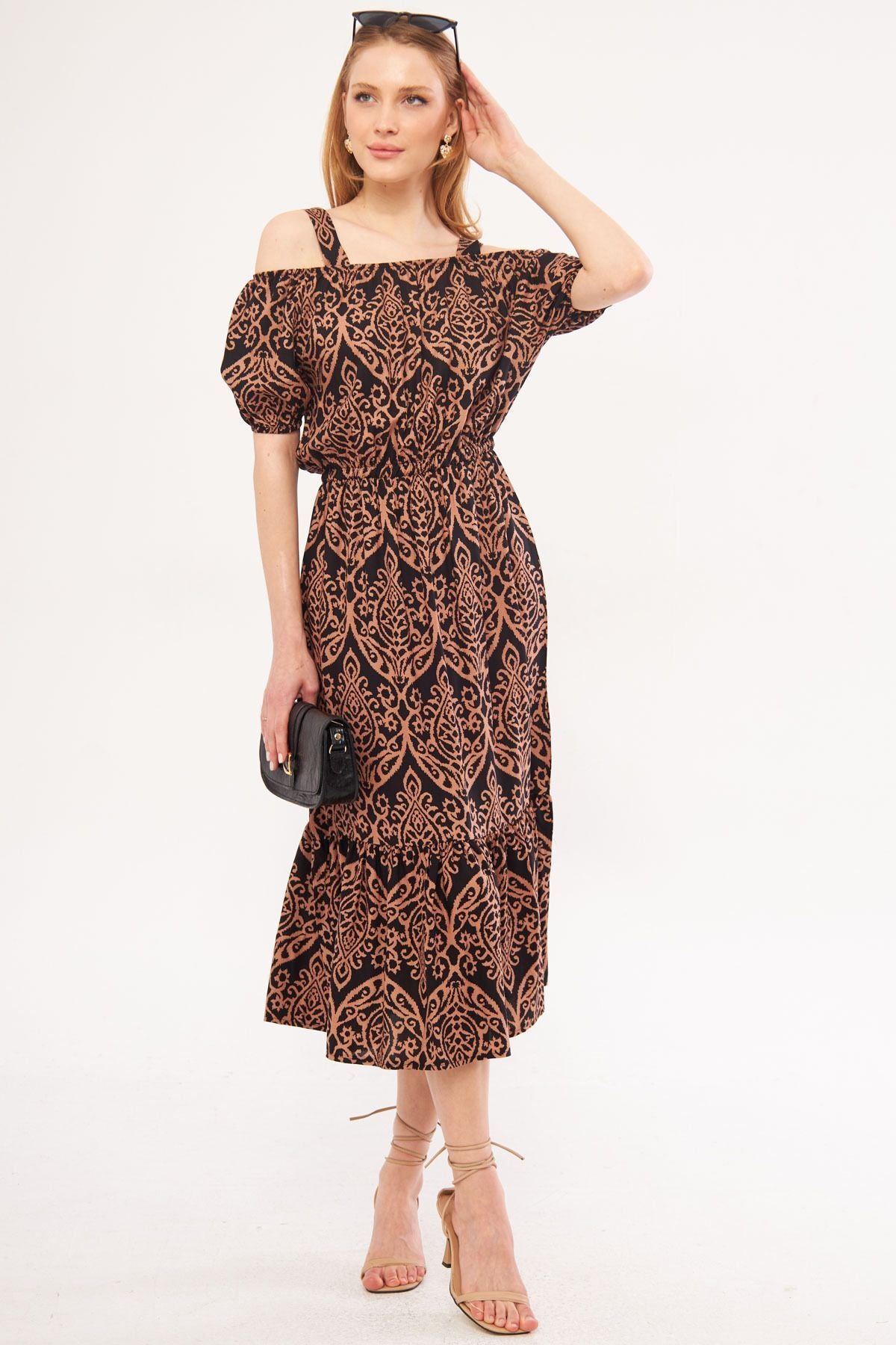 Female mink square floral patterned strap waist tire dress ARM-21K001202