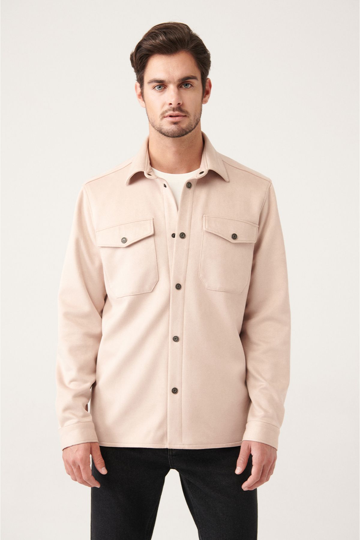 Men's Beige Classic Neck Suez Tissue Shirt with Skıçıt A31y2013