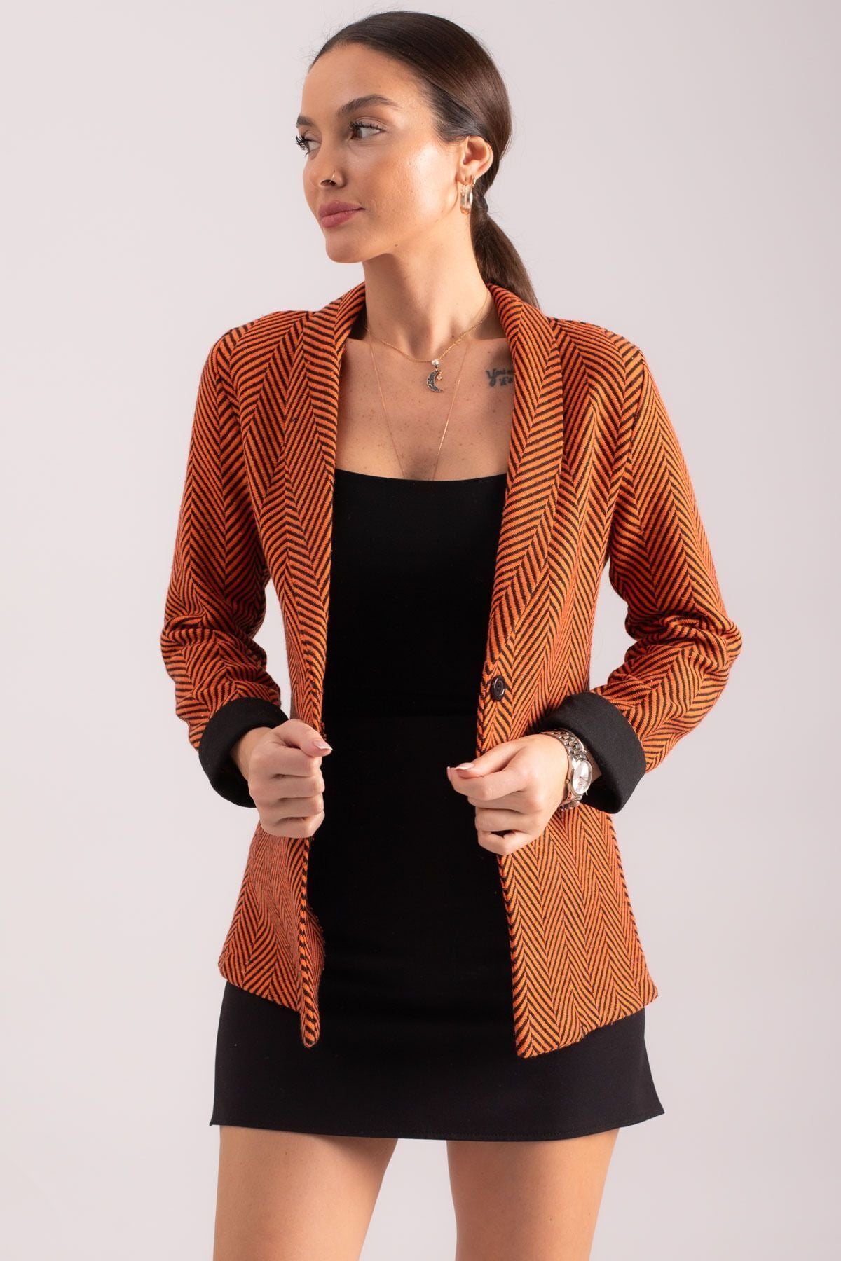 Women's Orange Fish Ridge Pattern Folding Single buttoned stamp jacket ARM-24K001066