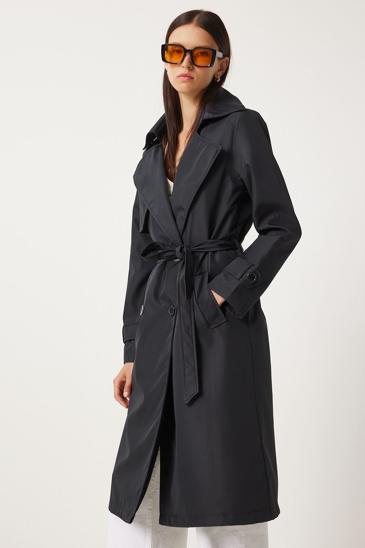 Women's black draped long trench coat DD01334