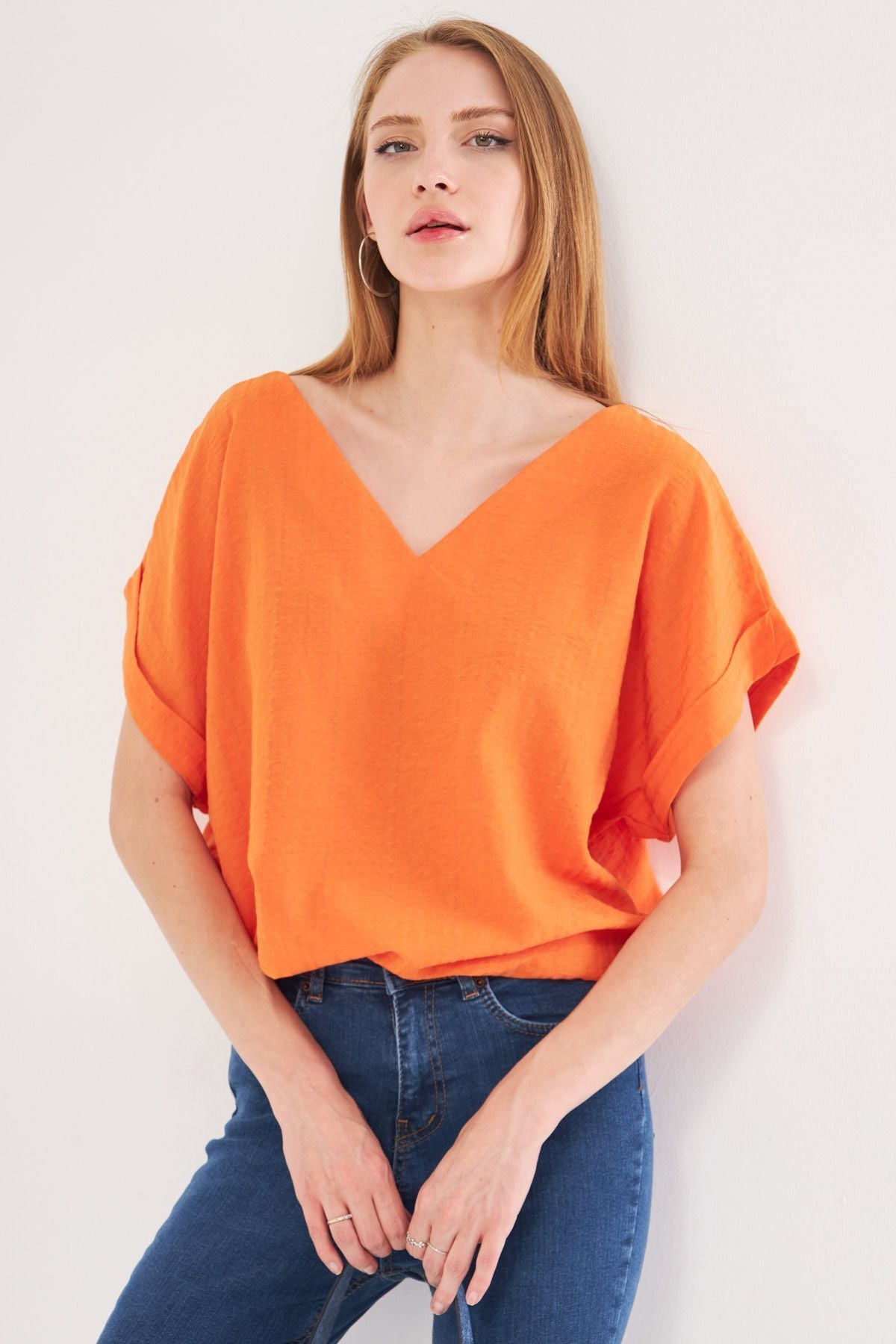 Women's Orange V-Neck Sides with Slit Long Dual Arm Detailed Oversize Blouse ARM-24Y001074