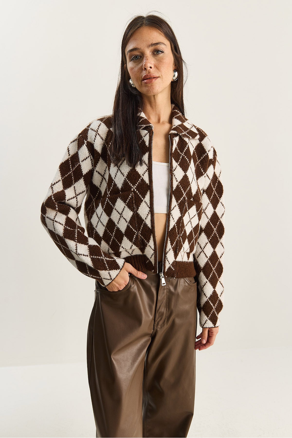 Women's Diamond Patterned Collared Zippered Knitwear Cardigan 20251099