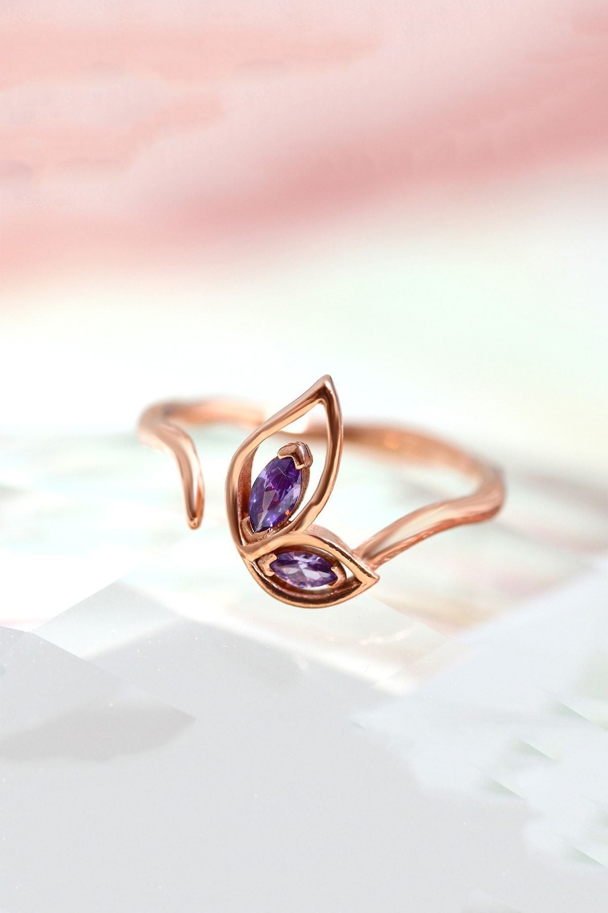 Female Rose Gold Lila Stone 14k Wing Motif Ring