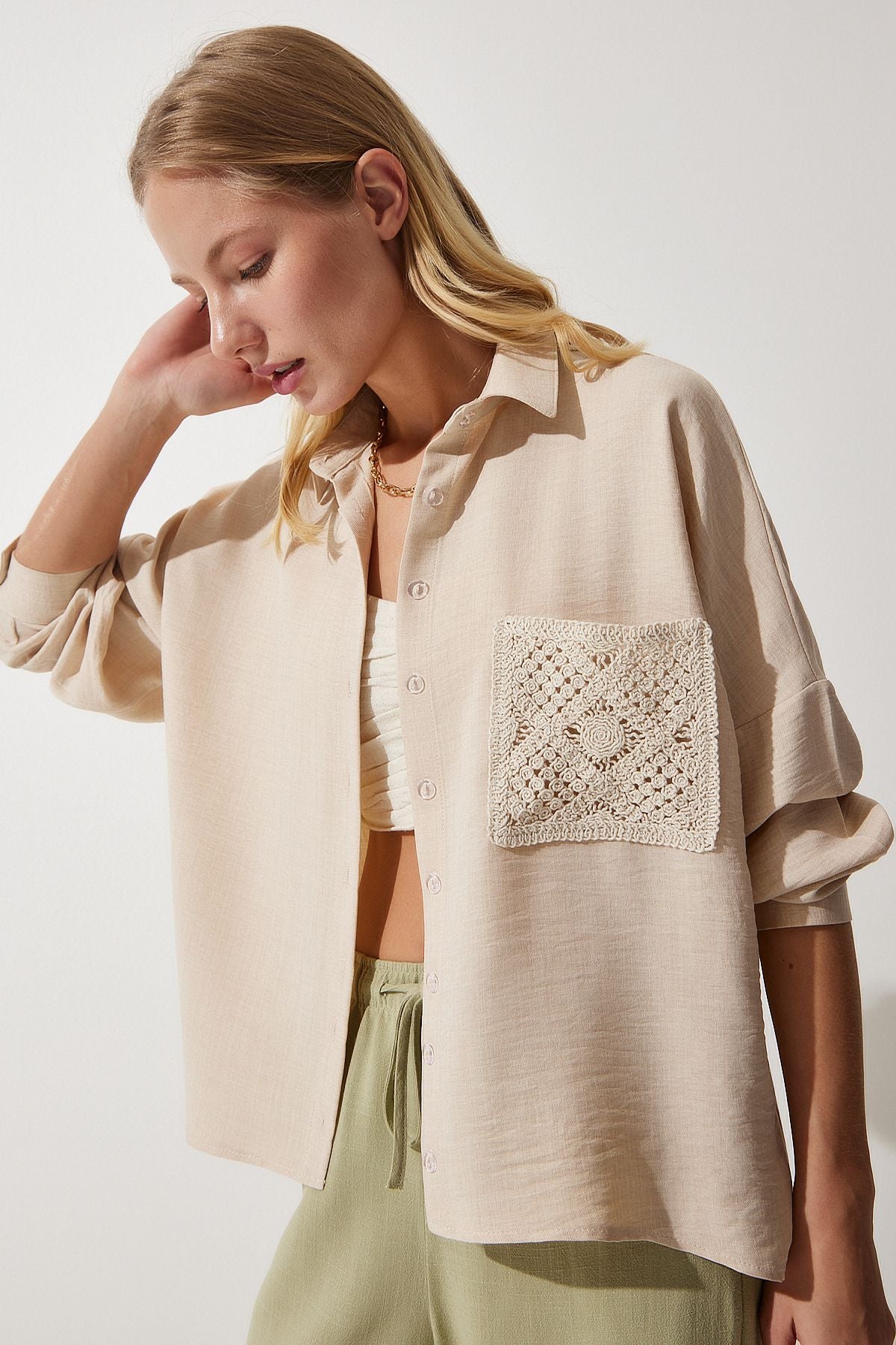 Woman Dark Beige Lace Detail Linen Shirt TP00018