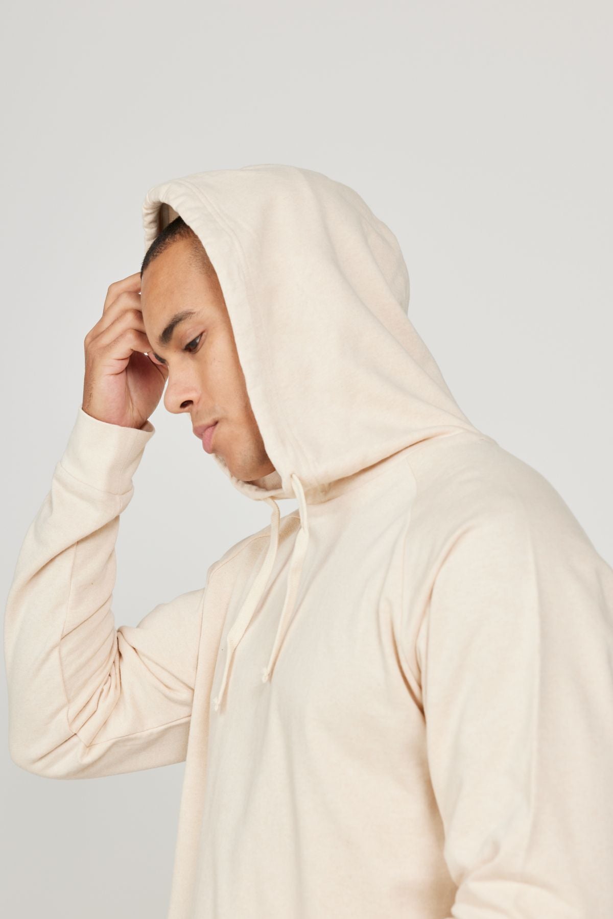 Men's Beige 100 %Cotton Standard Fit Normal Cutting Hooded Long Sleeve Sweatshirt