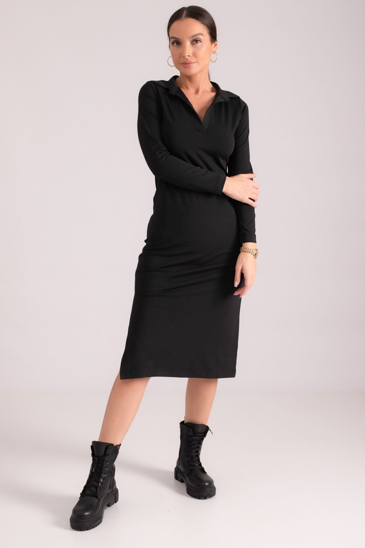 Women's black body sitting shirt collar next to the slit long dress ARM-24K001074