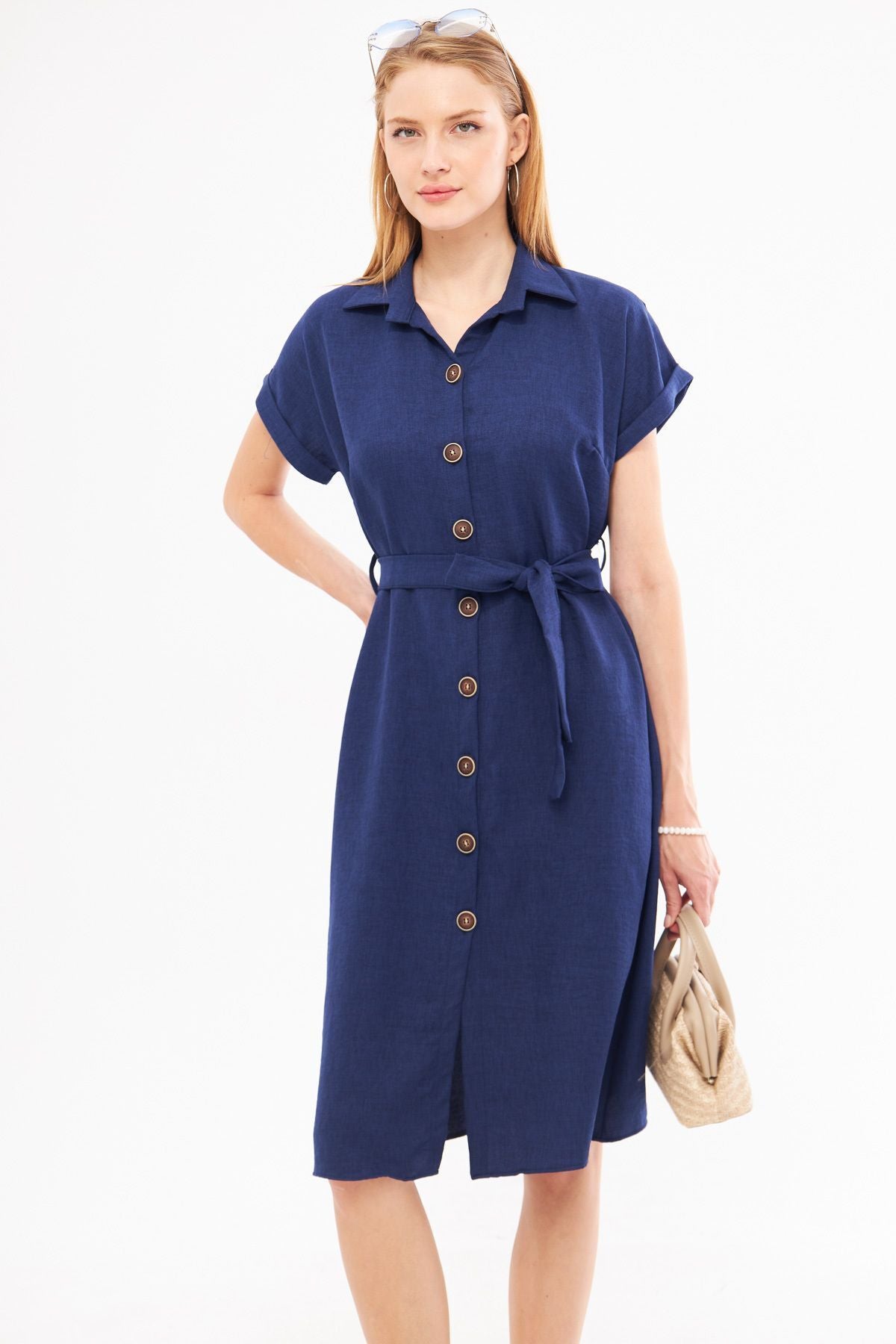 Woman Navy blue linen-looking waist belt short sleeve shirt dress ARM-24Y001084