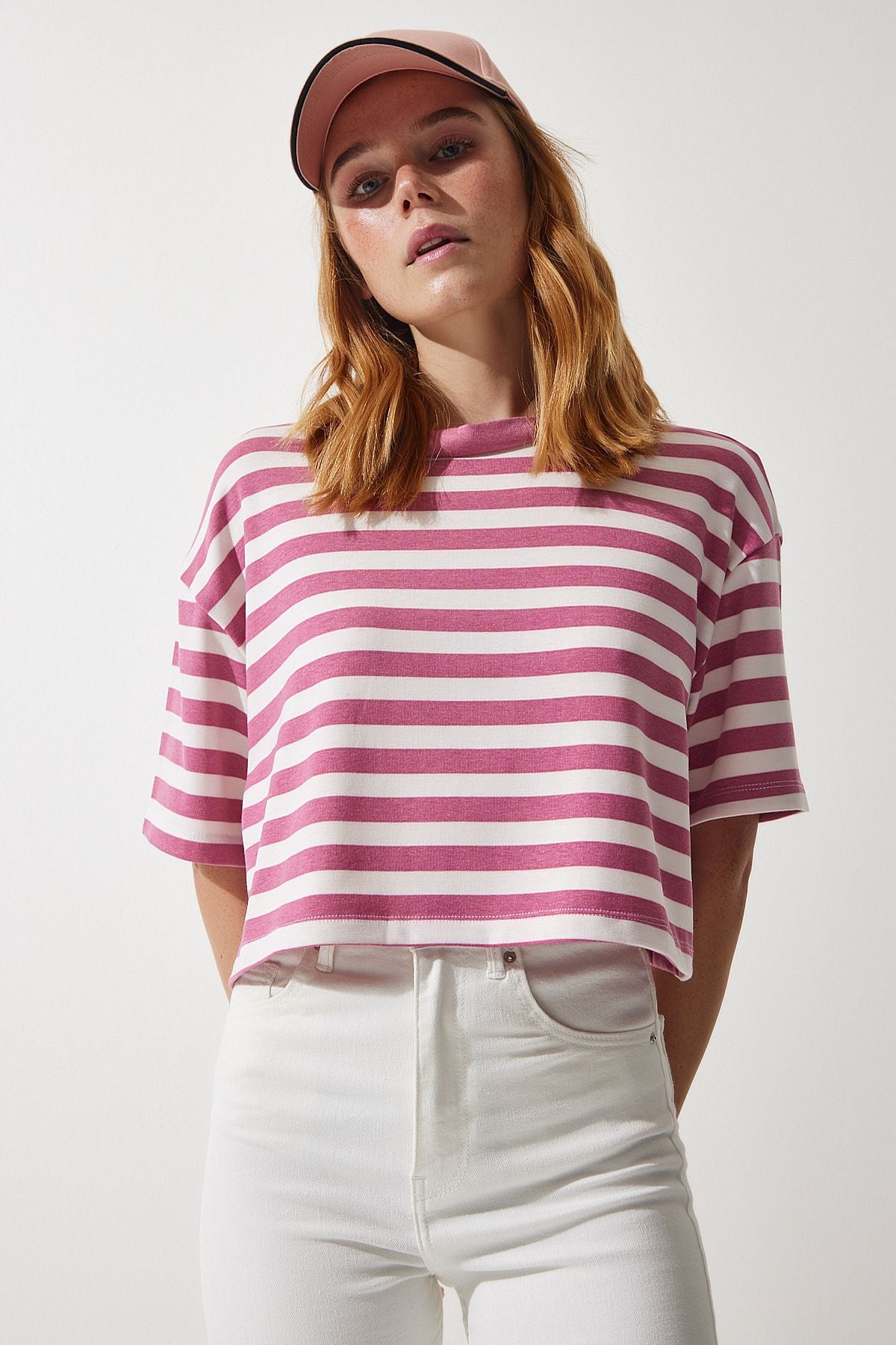 WOMEN'S ROSE KIZI BICYCLE COLLAR striped Crop knitting T-shirt CR00427