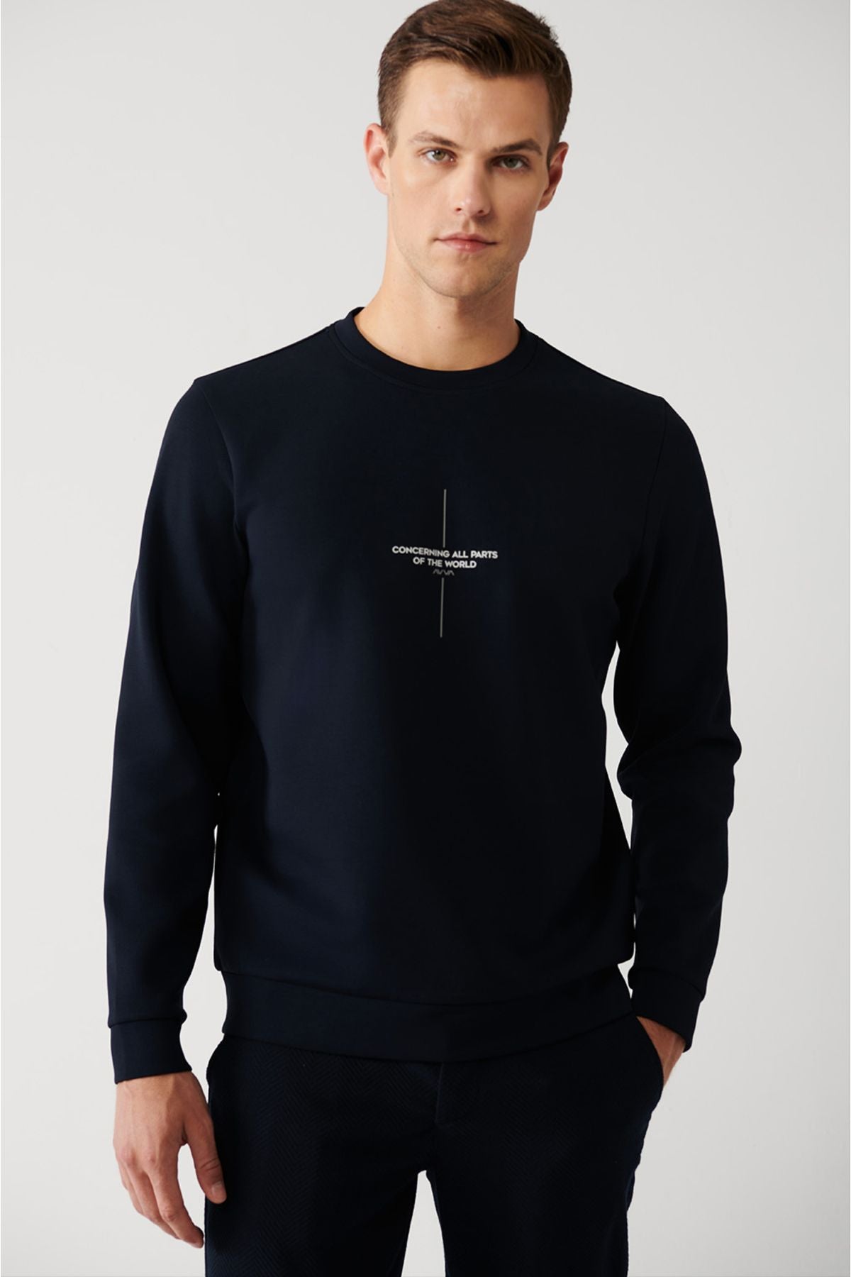 Men's navy blue interlok fabric bike collar slogan printed Sweatshirt A32y1207