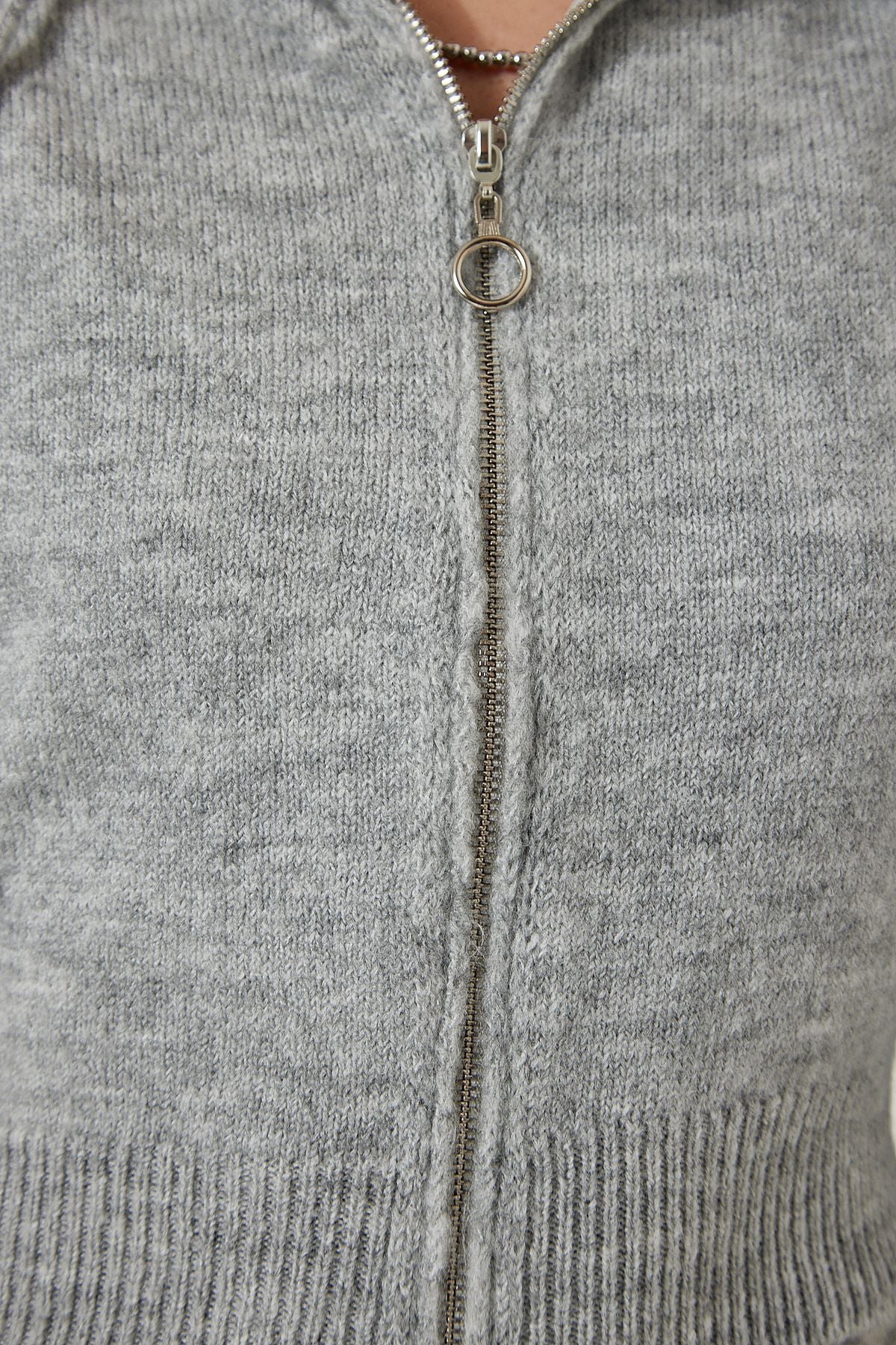 Female Gray Hooded Zipper Triko Cardigan YY00203