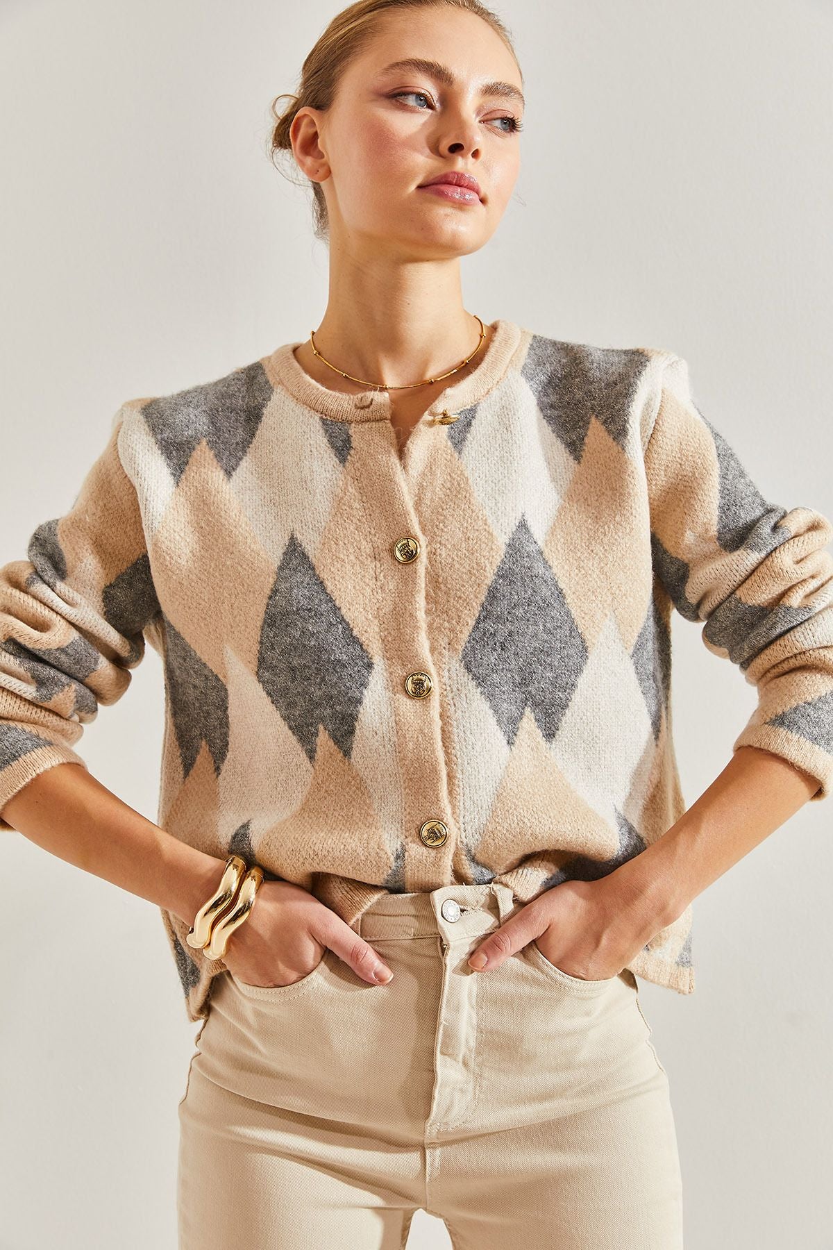 Women's baklava patterned knitwear cardigan