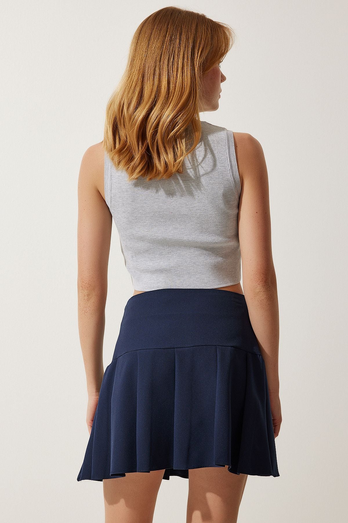 Female Navy Blue Pleated Mini Woven Skirt RV00158