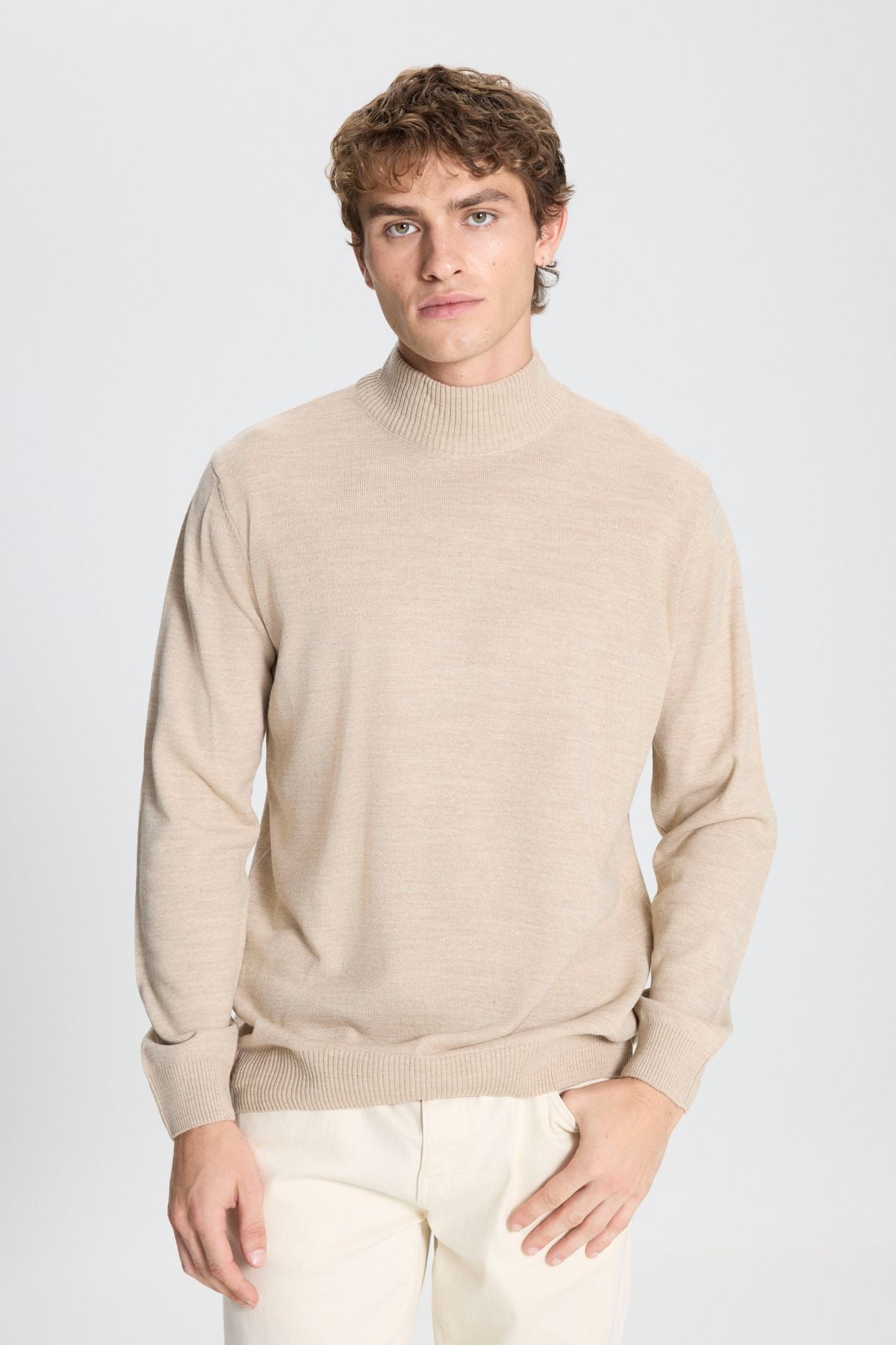 Men's Beige-Haki 2 Pack Standard Fit Normal Cut Half Fisherman Collar Basic Knitwear Kazakh