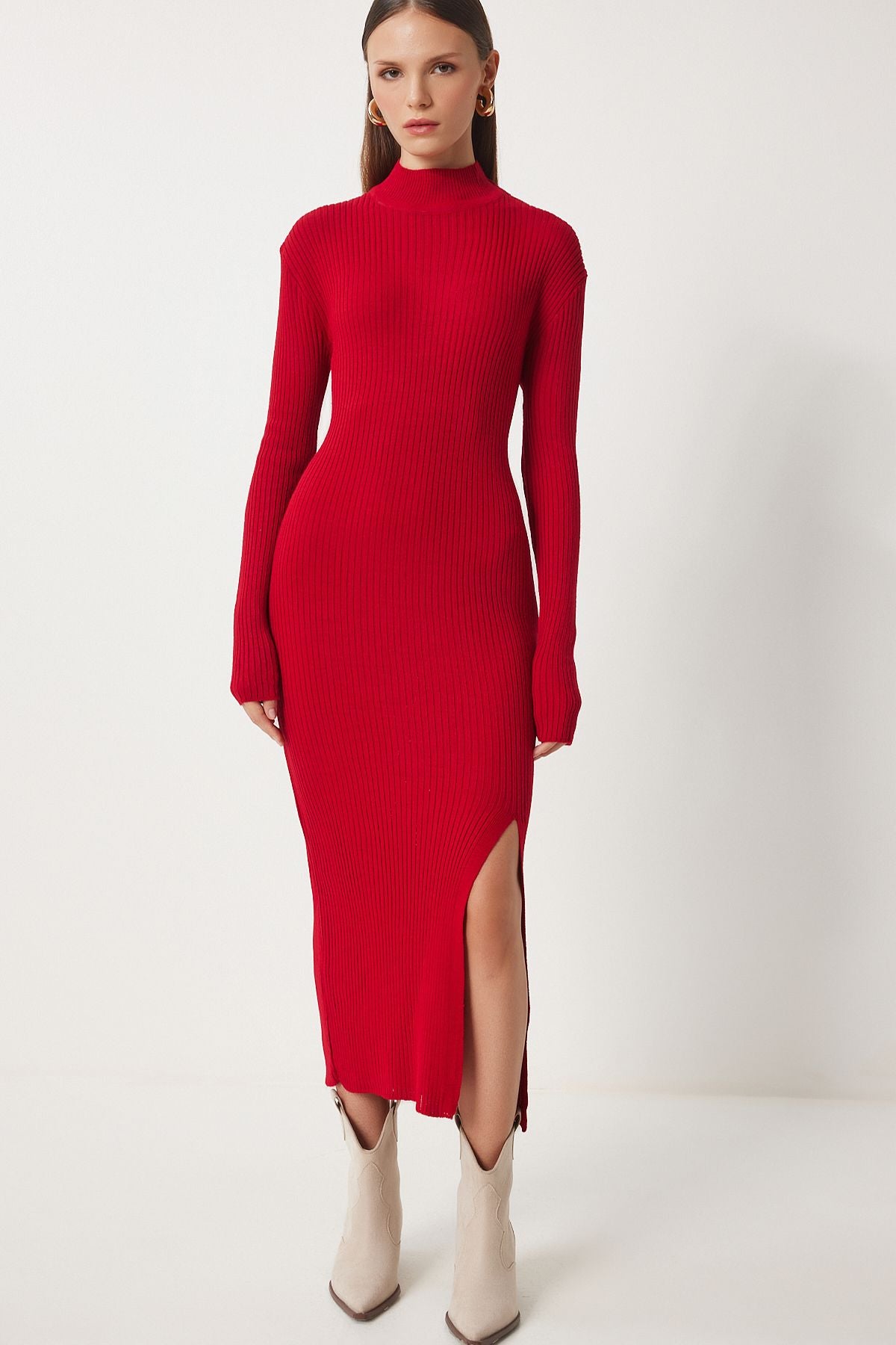 Woman Red Red Neck Slip Swallowing knitwear dress DD01338