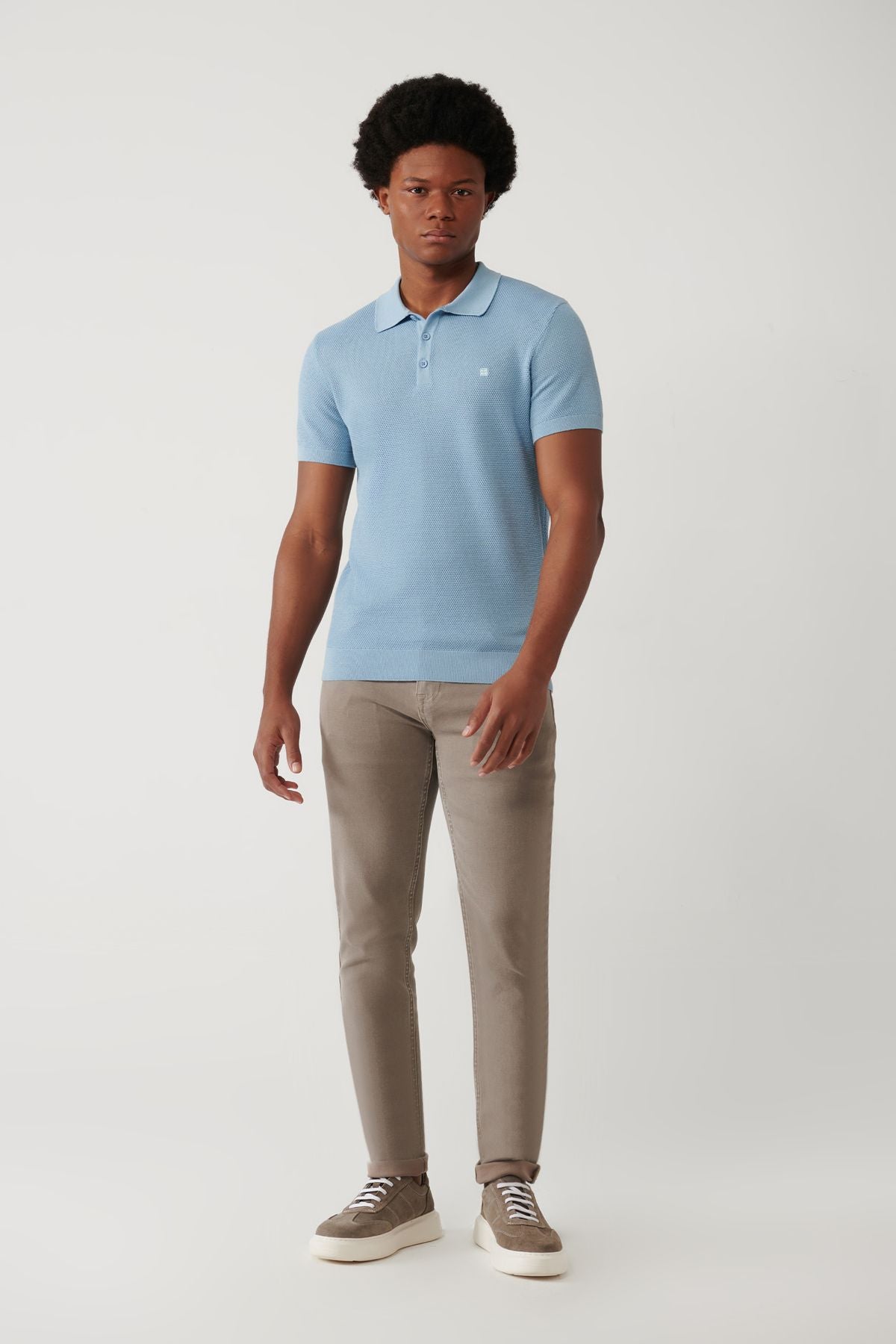 Men's Light Blue 3 Button Tissue Ribanian Polo Yaka Triko T-Shirt B005009