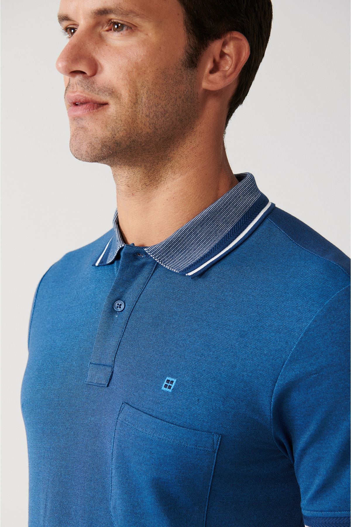 Men's Indigo Curlled Neck Pocket 2 Button Polo Yaka T-Shirt E001031